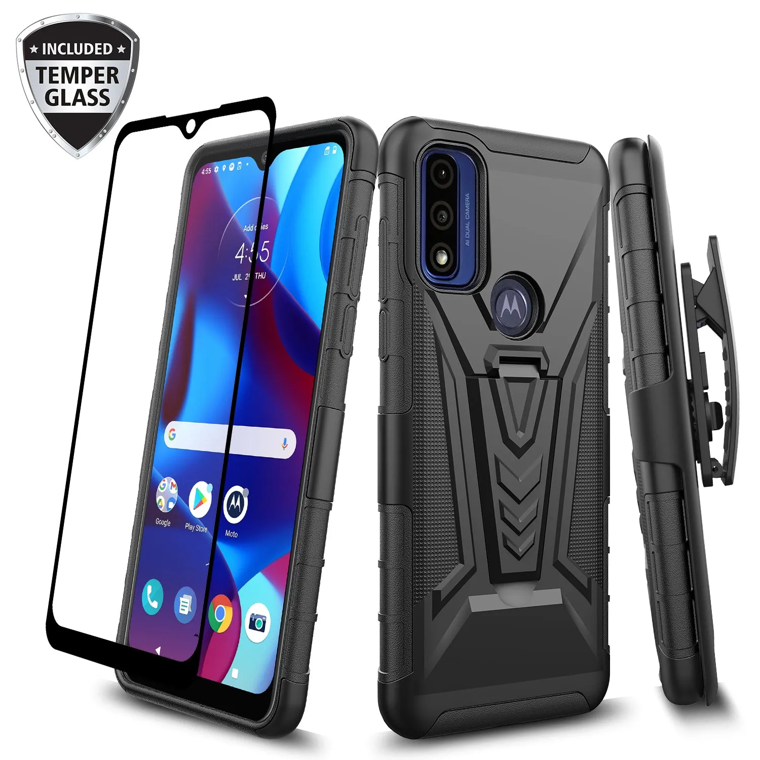 For Motorola moto g Pure Case with Tempered Glass Screen Protector Heavy Duty Protective Phone Case,Built-in Kickstand Rugged Shockproof Protective Phone Case - Black