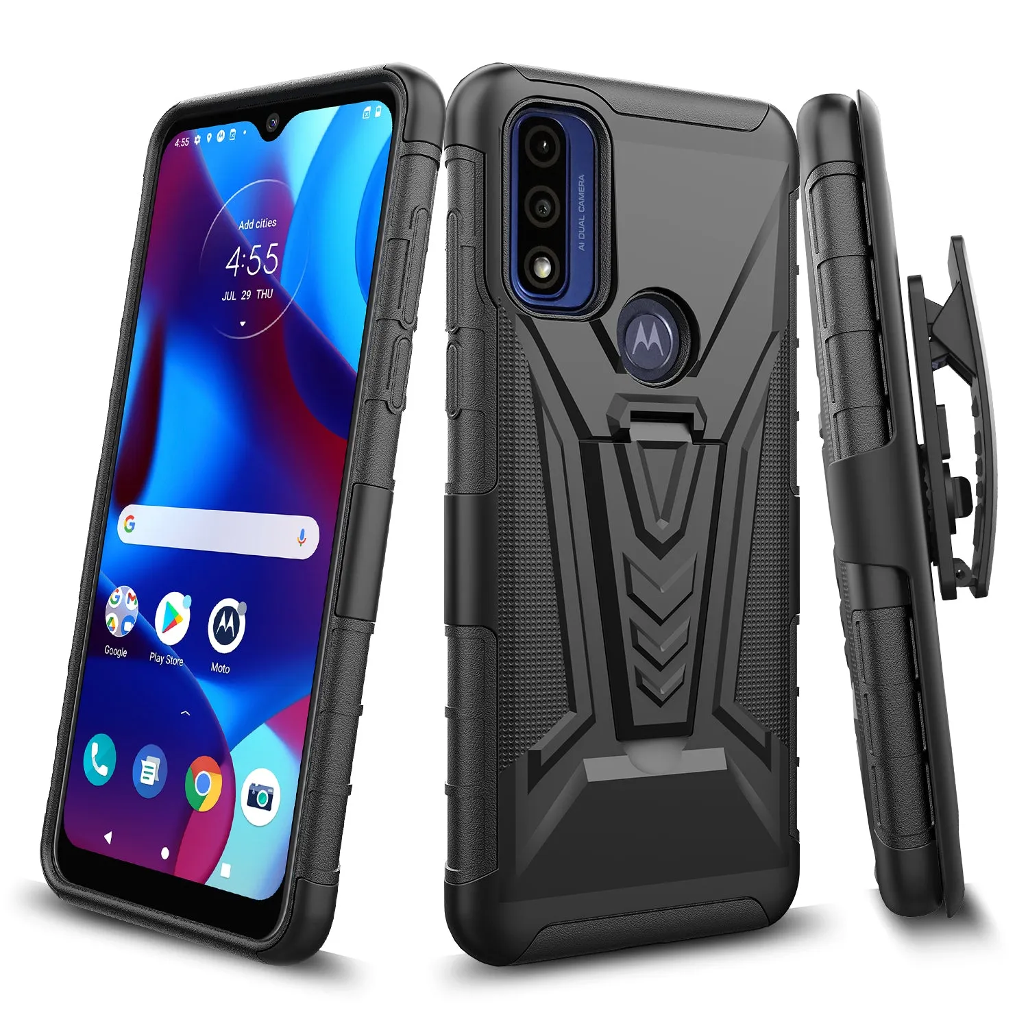 For Motorola moto g Pure Case with Tempered Glass Screen Protector Heavy Duty Protective Phone Case,Built-in Kickstand Rugged Shockproof Protective Phone Case - Black
