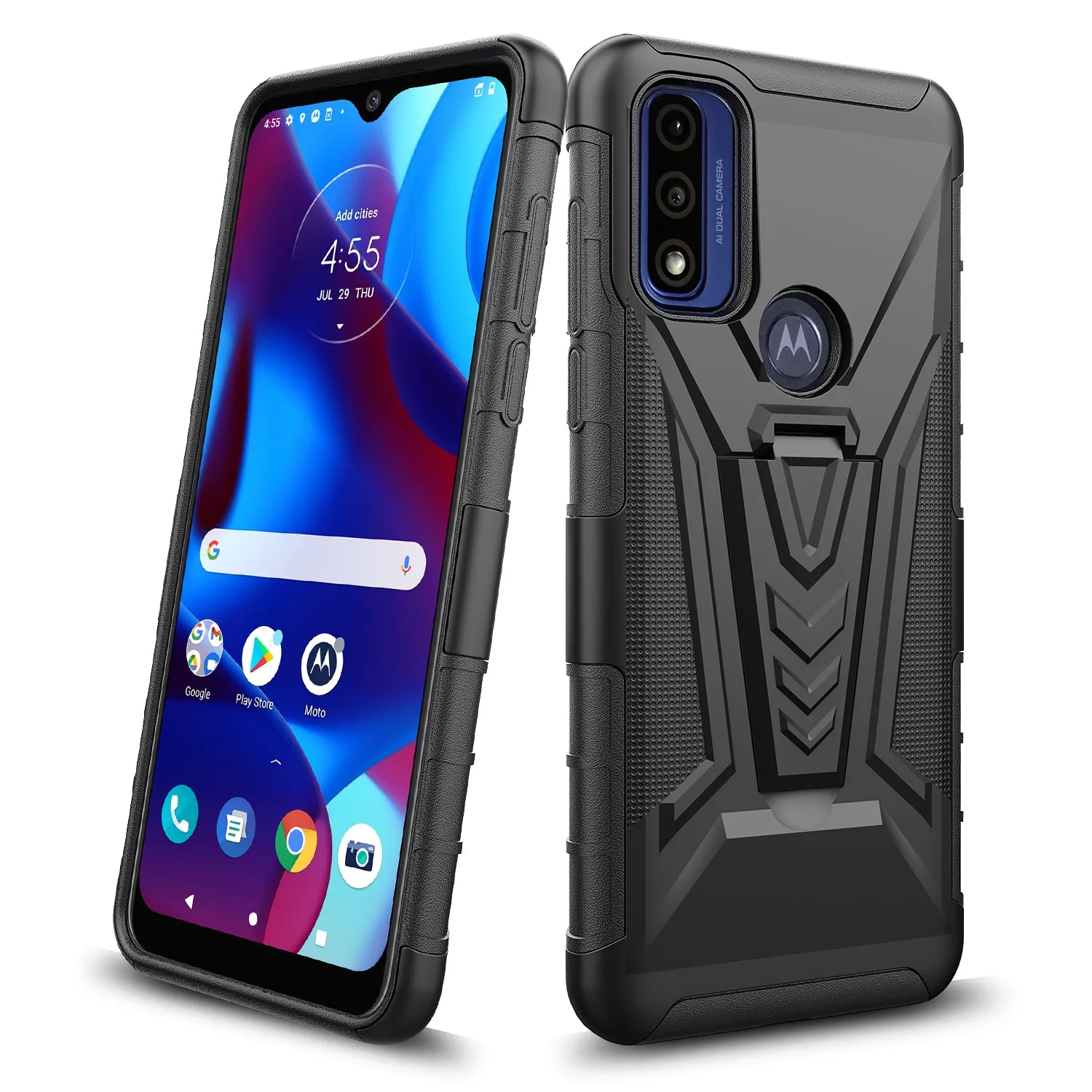 For Motorola moto g Pure Case with Tempered Glass Screen Protector Heavy Duty Protective Phone Case,Built-in Kickstand Rugged Shockproof Protective Phone Case - Black