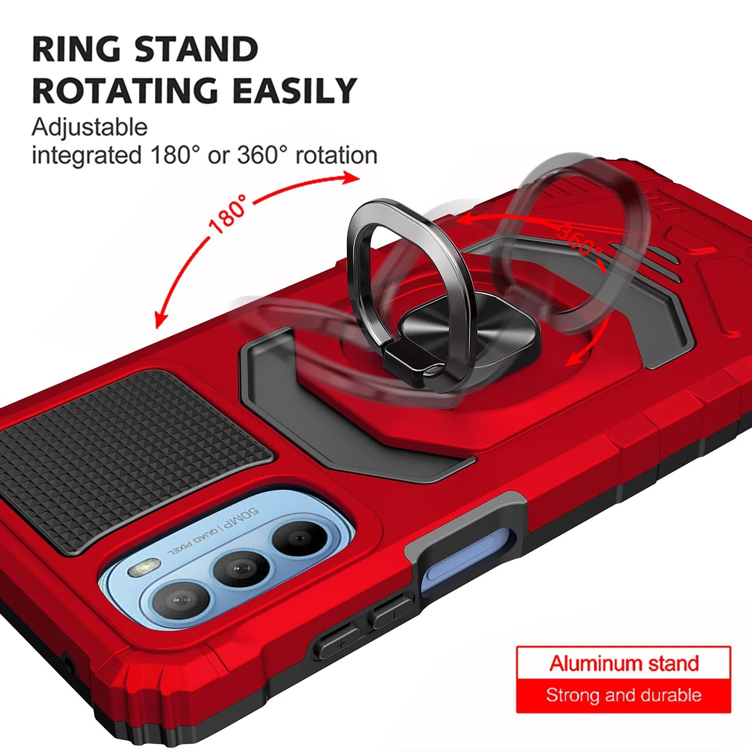 For Motorola moto g stylus 2022 Case [Military Grade] Ring Car Mount Kickstand w/[Tempered Glass] Hybrid Hard PC Soft TPU Shockproof Protective Case - Red