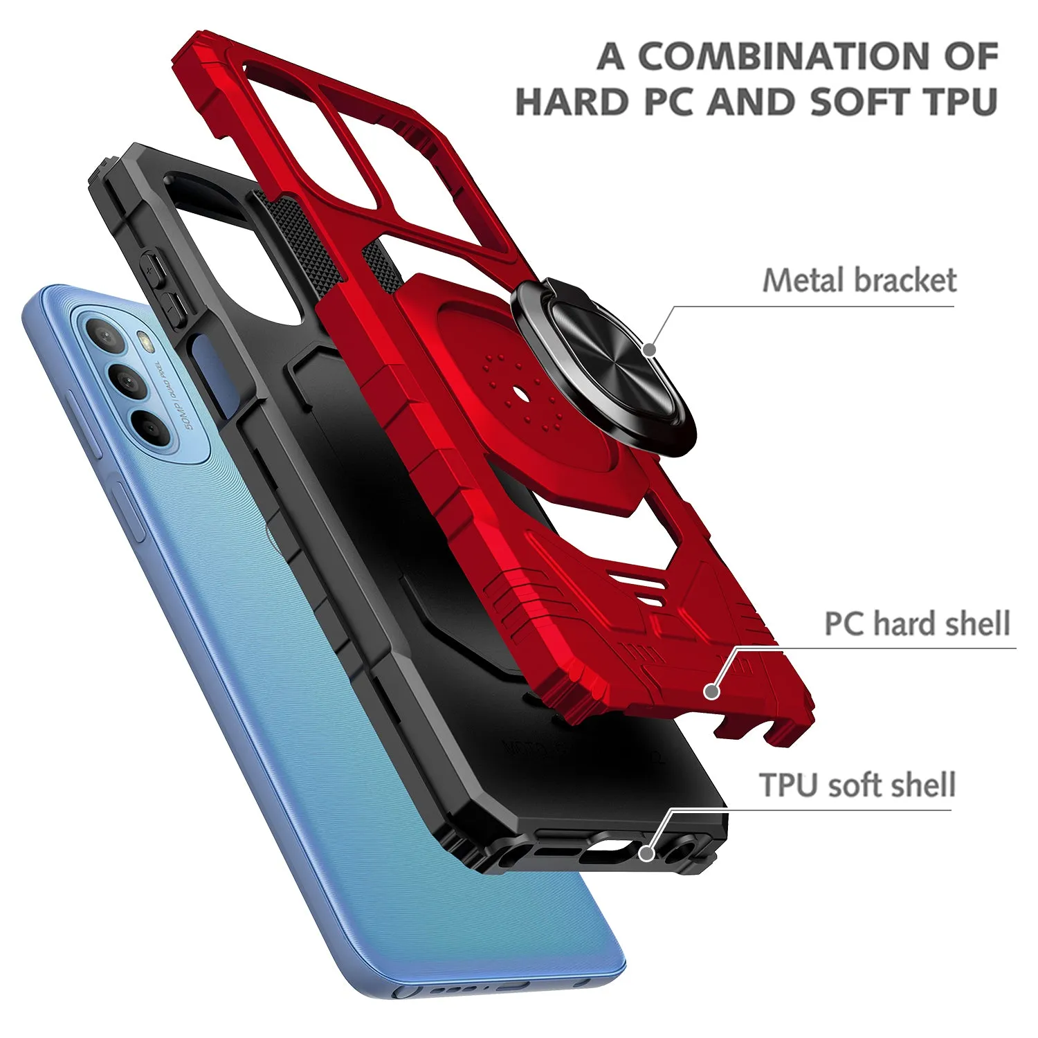 For Motorola moto g stylus 2022 Case [Military Grade] Ring Car Mount Kickstand w/[Tempered Glass] Hybrid Hard PC Soft TPU Shockproof Protective Case - Red