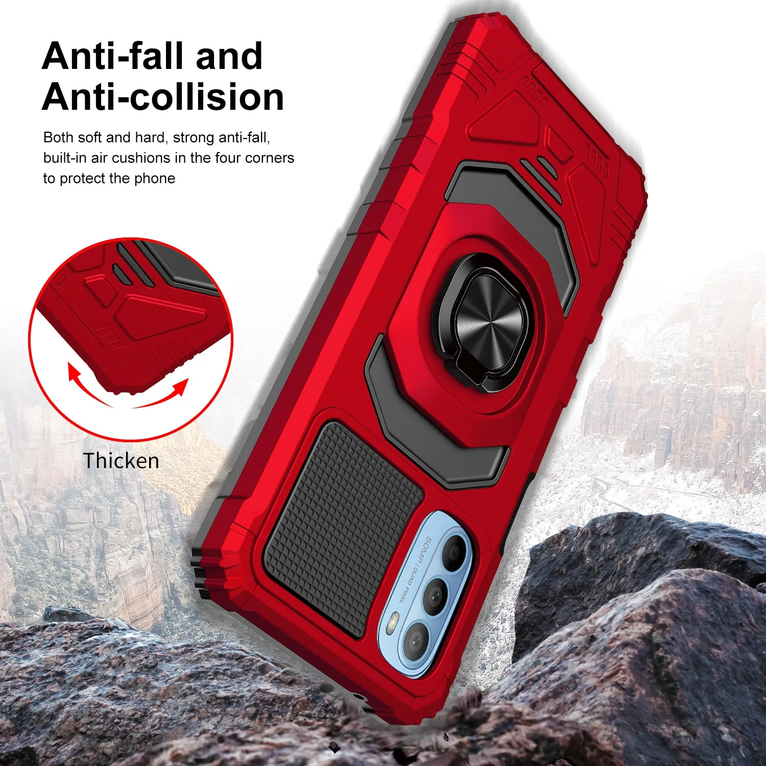 For Motorola moto g stylus 2022 Case [Military Grade] Ring Car Mount Kickstand w/[Tempered Glass] Hybrid Hard PC Soft TPU Shockproof Protective Case - Red