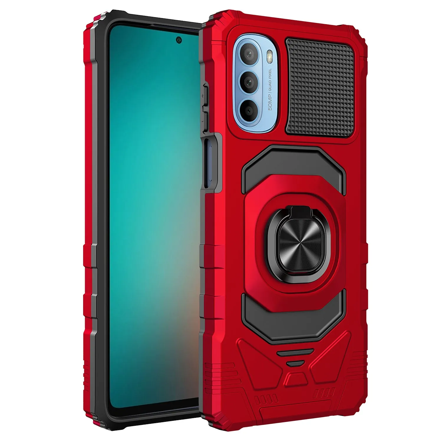 For Motorola moto g stylus 2022 Case [Military Grade] Ring Car Mount Kickstand w/[Tempered Glass] Hybrid Hard PC Soft TPU Shockproof Protective Case - Red