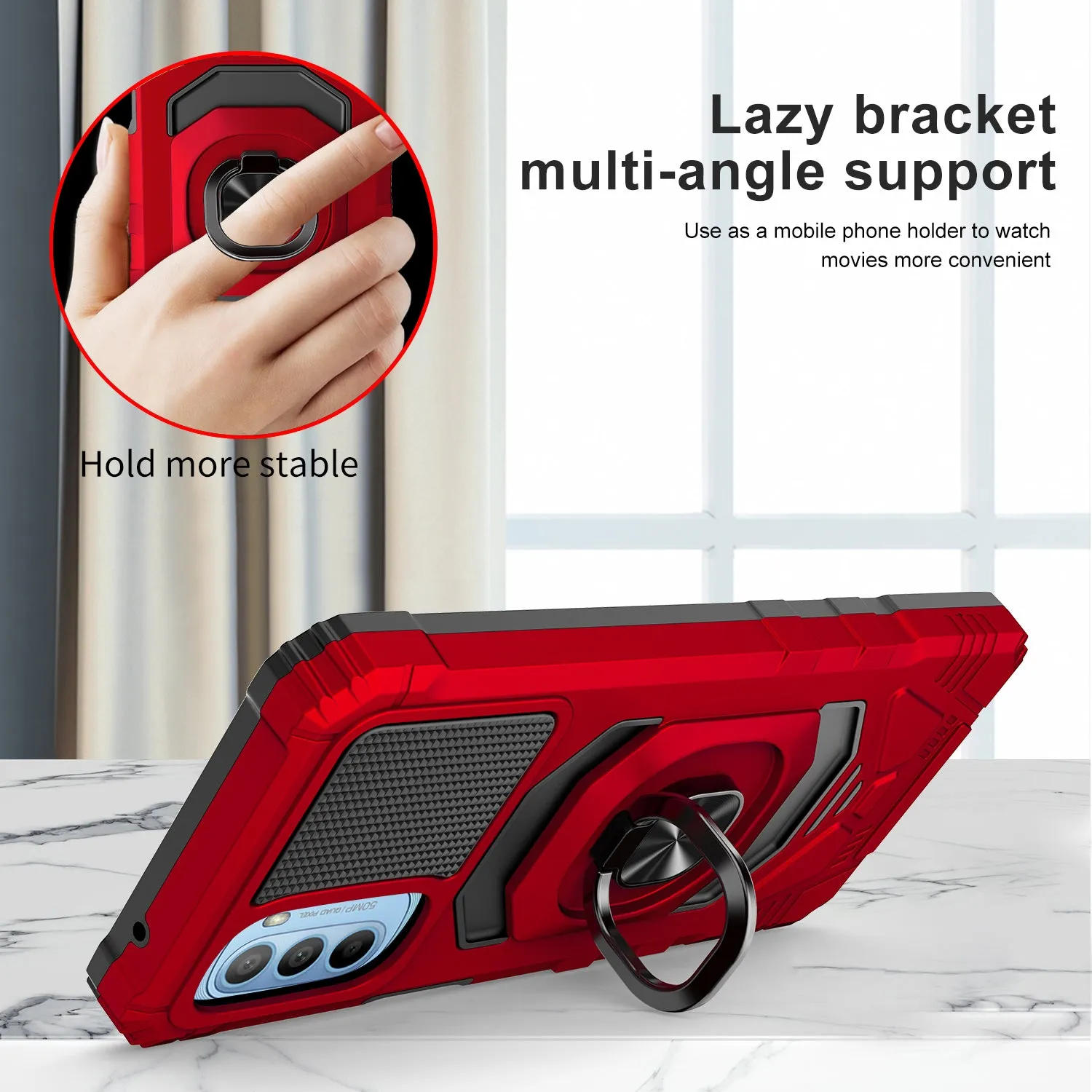 For Motorola moto g stylus 2022 Case [Military Grade] Ring Car Mount Kickstand w/[Tempered Glass] Hybrid Hard PC Soft TPU Shockproof Protective Case - Red