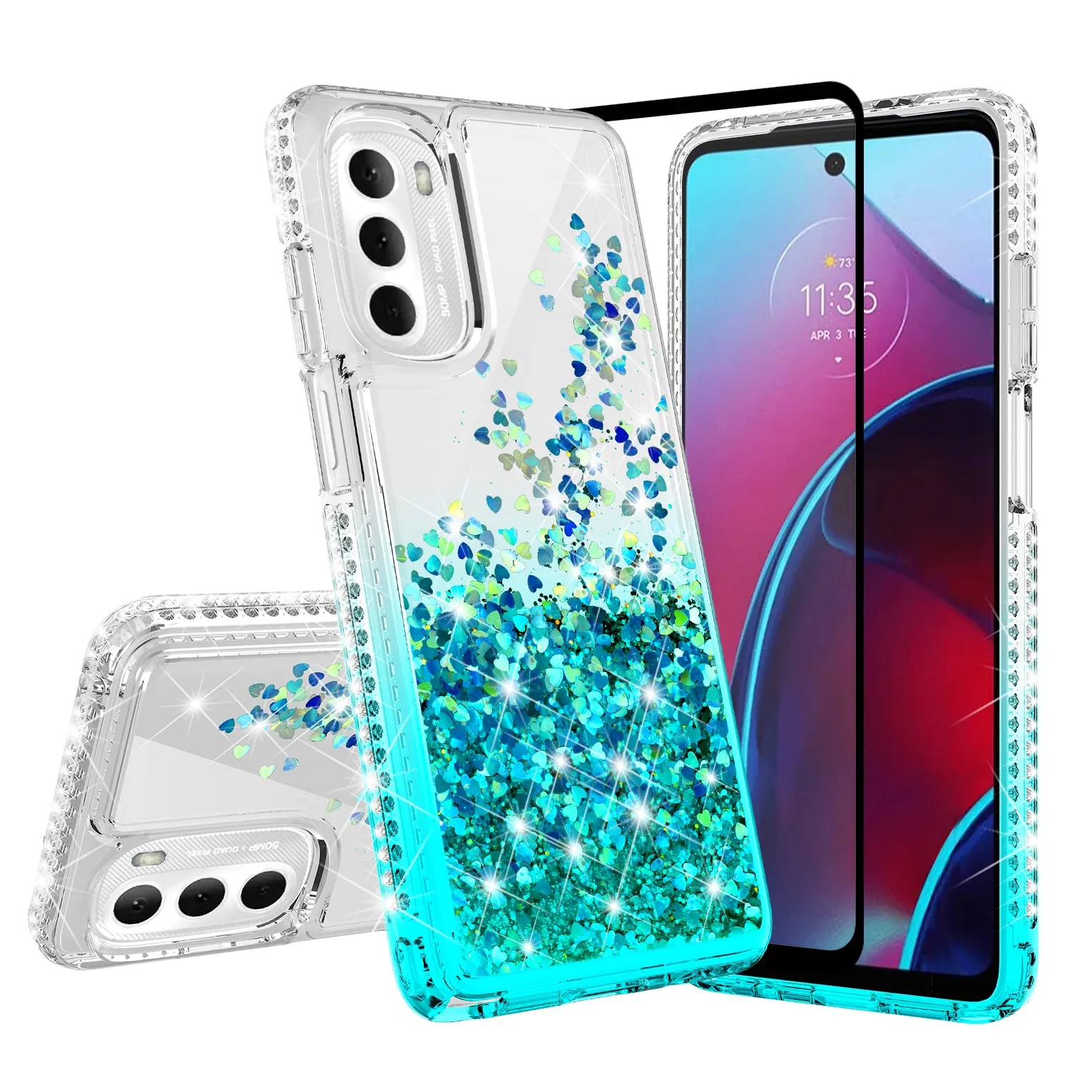 For Motorola moto g stylus 5G (2022) Case Liquid Glitter Phone Case Waterfall Floating Quicksand Bling Sparkle Cute Protective Girls Women Cover for Motorola moto g stylus 5G (2022) W/Temper Glass - Teal
