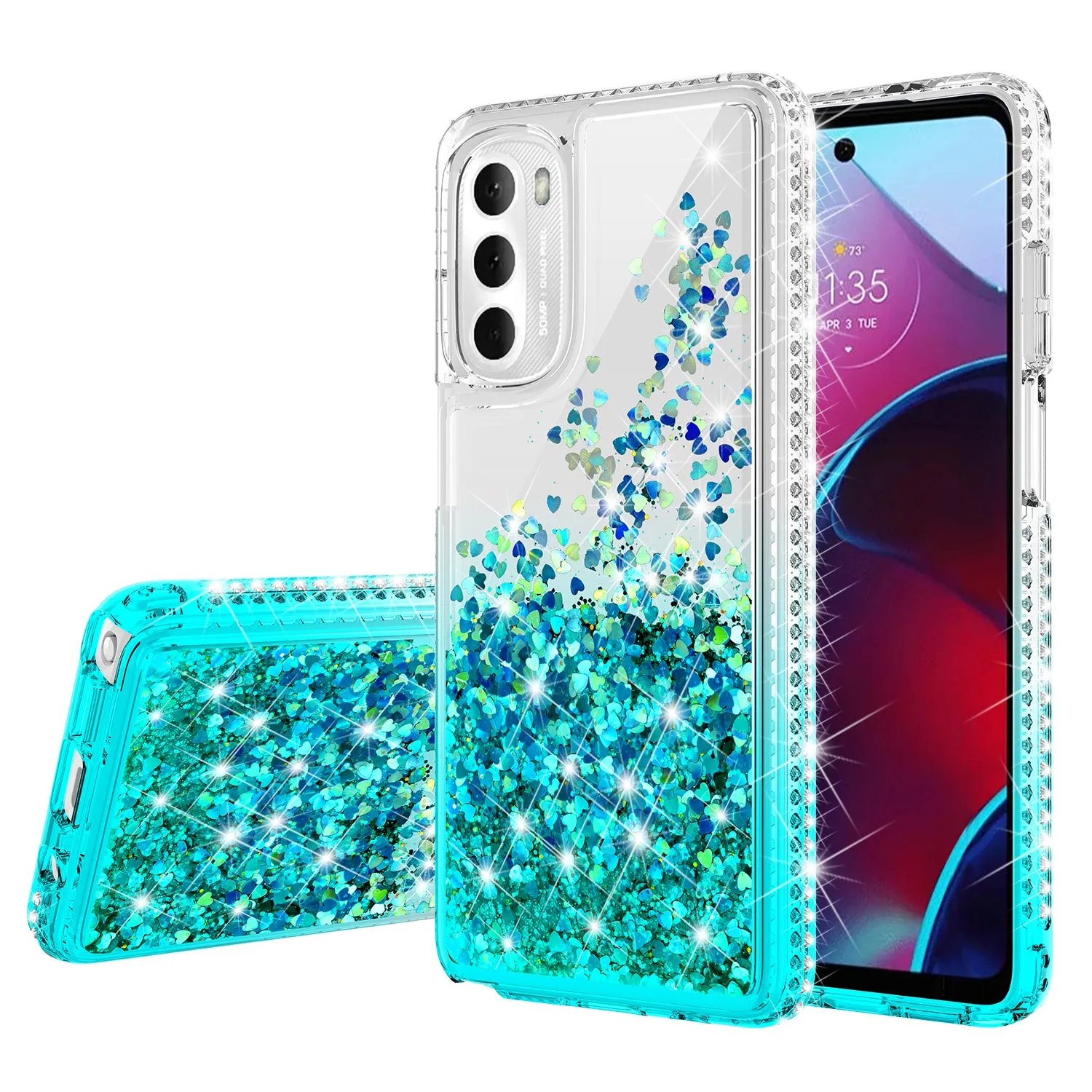 For Motorola moto g stylus 5G (2022) Case Liquid Glitter Phone Case Waterfall Floating Quicksand Bling Sparkle Cute Protective Girls Women Cover for Motorola moto g stylus 5G (2022) W/Temper Glass - Teal