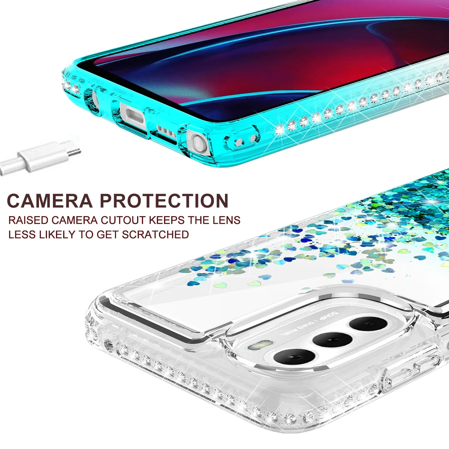 For Motorola moto g stylus 5G (2022) Case Liquid Glitter Phone Case Waterfall Floating Quicksand Bling Sparkle Cute Protective Girls Women Cover for Motorola moto g stylus 5G (2022) W/Temper Glass - Teal