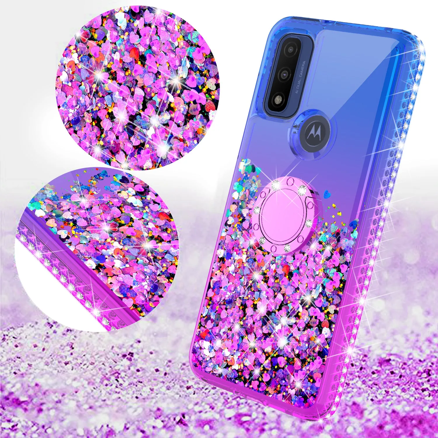 For Motorola Moto Pure / G Power 2022 Case,Ring Stand Liquid Glitter Protective Girls Women w/Temper Glass Screen Protector - (Blue/Purple)