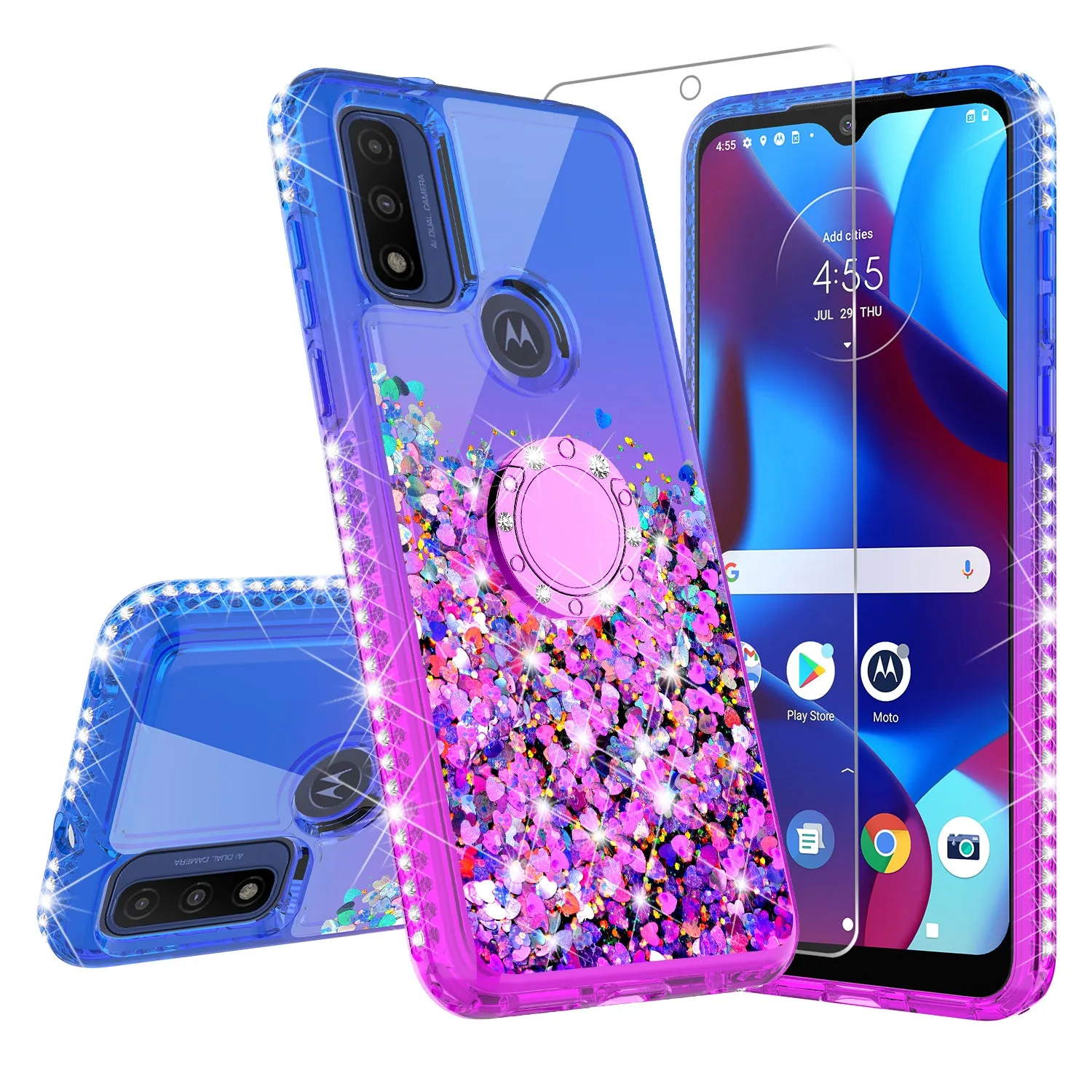 For Motorola Moto Pure / G Power 2022 Case,Ring Stand Liquid Glitter Protective Girls Women w/Temper Glass Screen Protector - (Blue/Purple)