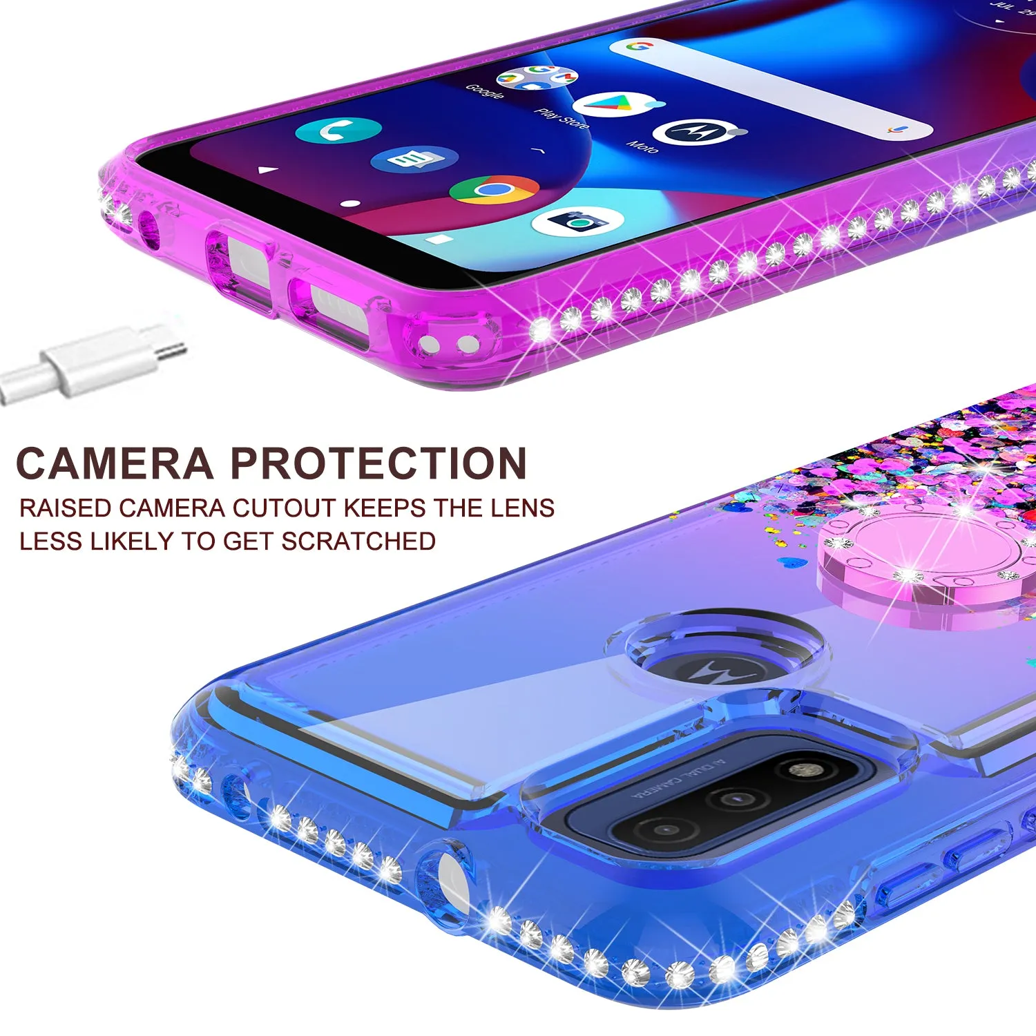 For Motorola Moto Pure / G Power 2022 Case,Ring Stand Liquid Glitter Protective Girls Women w/Temper Glass Screen Protector - (Blue/Purple)