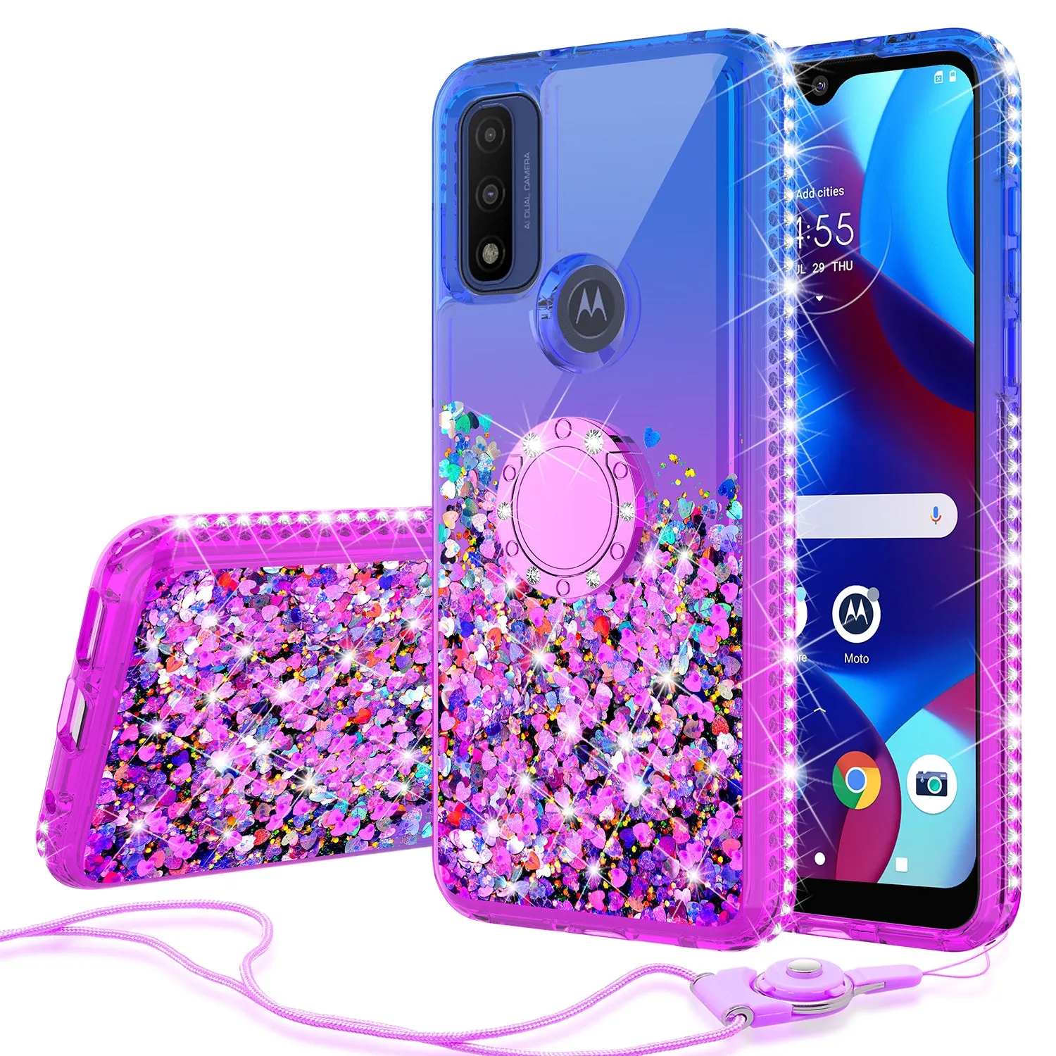 For Motorola Moto Pure / G Power 2022 Case,Ring Stand Liquid Glitter Protective Girls Women w/Temper Glass Screen Protector - (Blue/Purple)