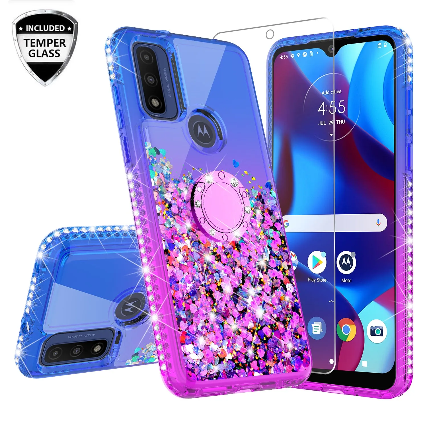 For Motorola Moto Pure / G Power 2022 Case,Ring Stand Liquid Glitter Protective Girls Women w/Temper Glass Screen Protector - (Blue/Purple)