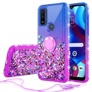 For Motorola Moto Pure / G Power 2022 Case,Ring Stand Liquid Glitter Protective Girls Women w/Temper Glass Screen Protector - (Blue/Purple)