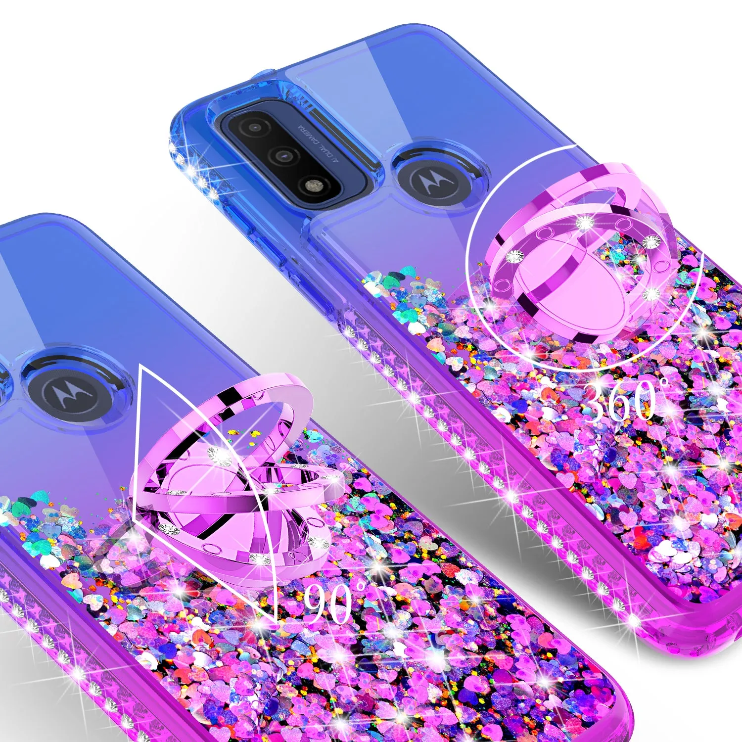 For Motorola Moto Pure / G Power 2022 Case,Ring Stand Liquid Glitter Protective Girls Women w/Temper Glass Screen Protector - (Blue/Purple)