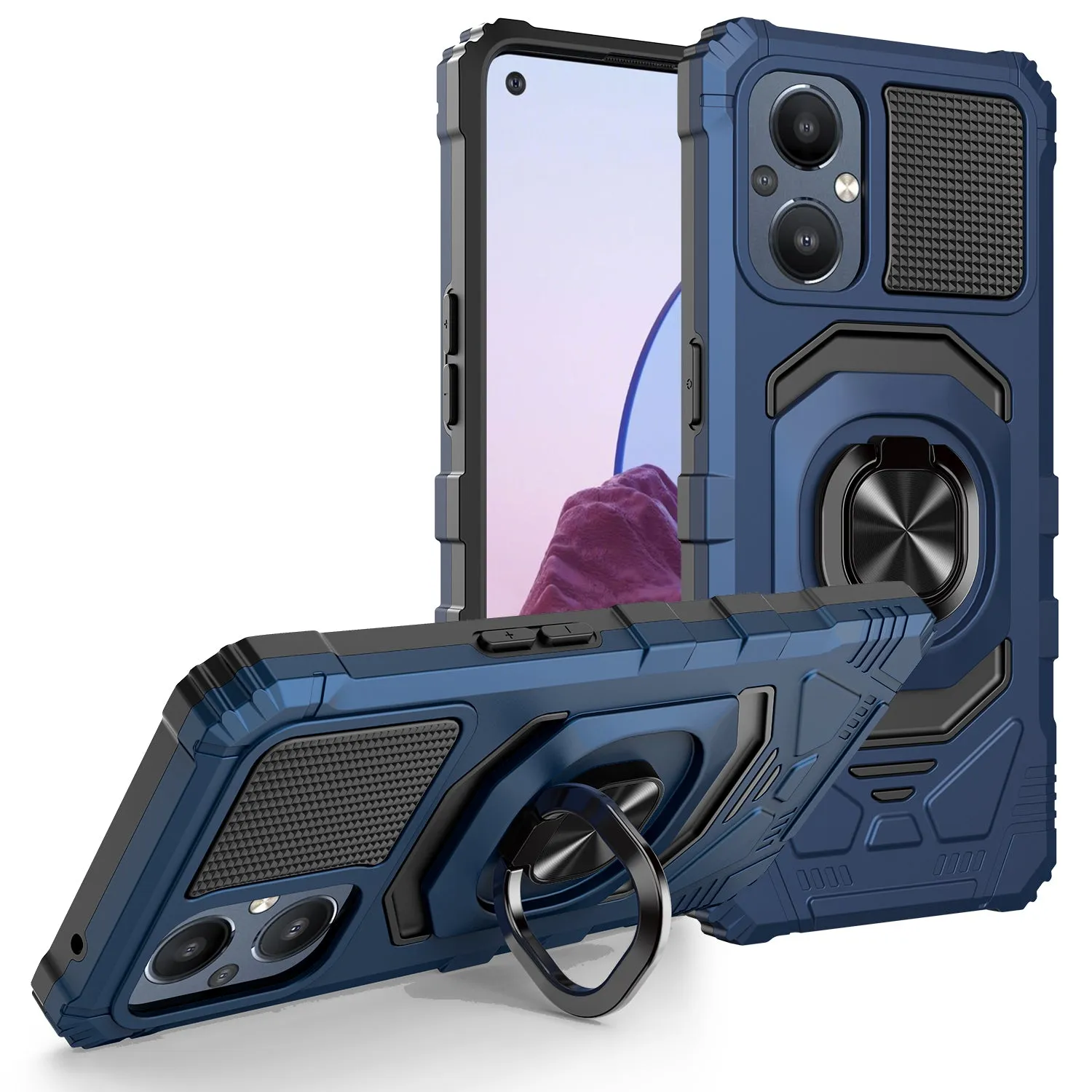 For OnePlus Nord N20 5G Case [Military Grade] Ring Car Mount Kickstand w/[Tempered Glass] Hybrid Hard PC Soft TPU Shockproof Protective Case - Blue
