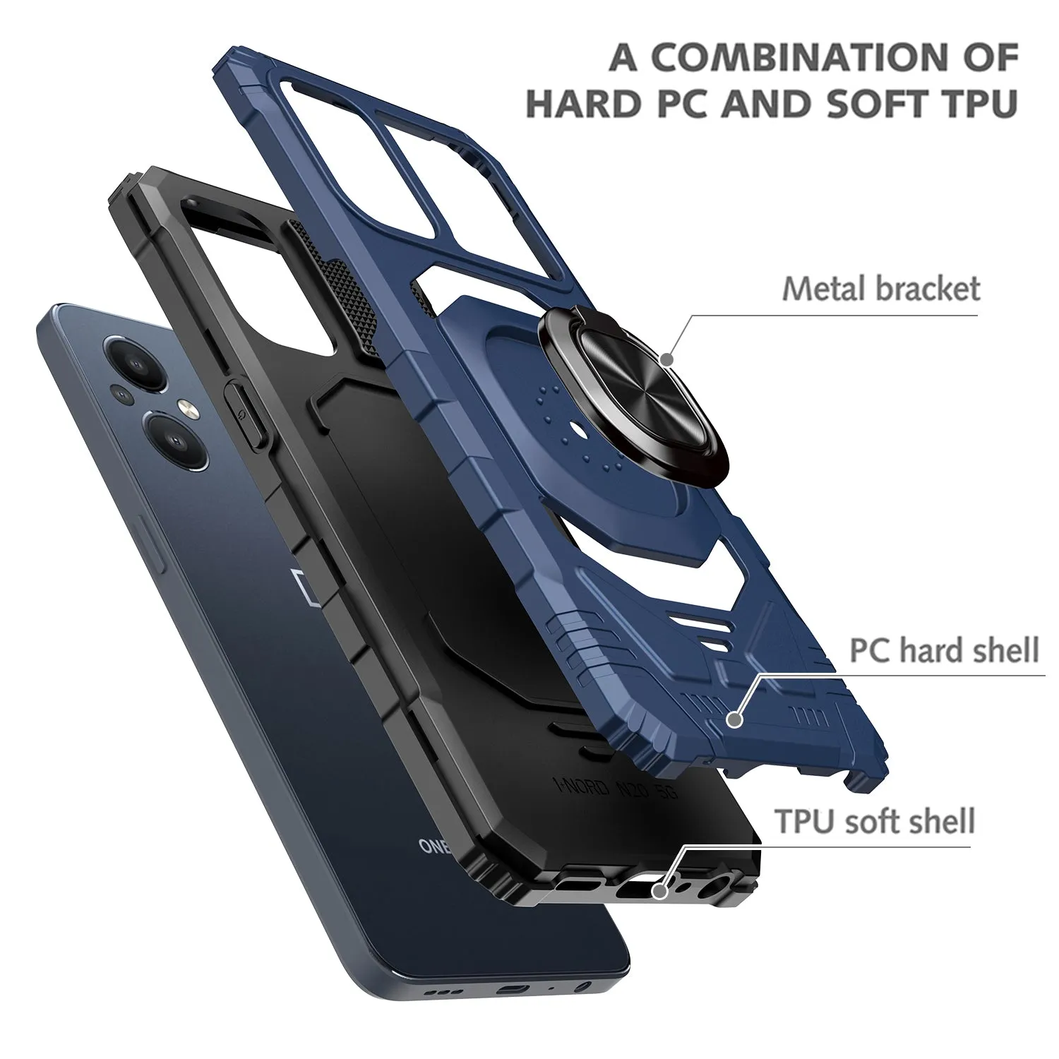 For OnePlus Nord N20 5G Case [Military Grade] Ring Car Mount Kickstand w/[Tempered Glass] Hybrid Hard PC Soft TPU Shockproof Protective Case - Blue