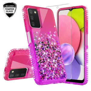 For Samsung Galaxy A03s Case Liquid Glitter Phone Case Waterfall Floating Quicksand Bling Sparkle Cute Protective Girls Women Cover for Samsung Galaxy A03s W/Temper Glass -  (Hot Pink/Purple Gradient)