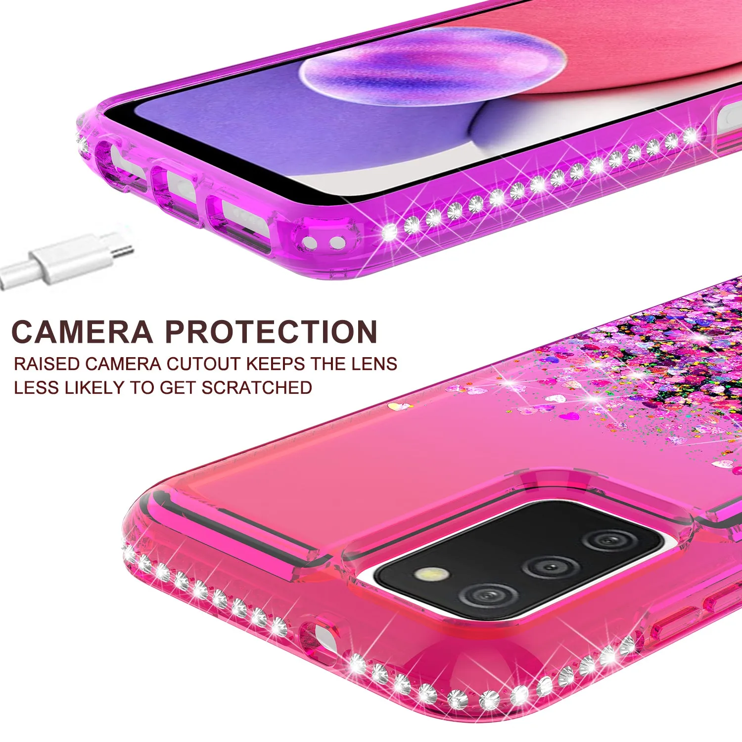 For Samsung Galaxy A03s Case Liquid Glitter Phone Case Waterfall Floating Quicksand Bling Sparkle Cute Protective Girls Women Cover for Samsung Galaxy A03s W/Temper Glass -  (Hot Pink/Purple Gradient)