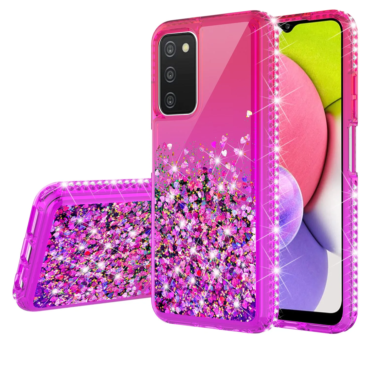 For Samsung Galaxy A03s Case Liquid Glitter Phone Case Waterfall Floating Quicksand Bling Sparkle Cute Protective Girls Women Cover for Samsung Galaxy A03s W/Temper Glass -  (Hot Pink/Purple Gradient)