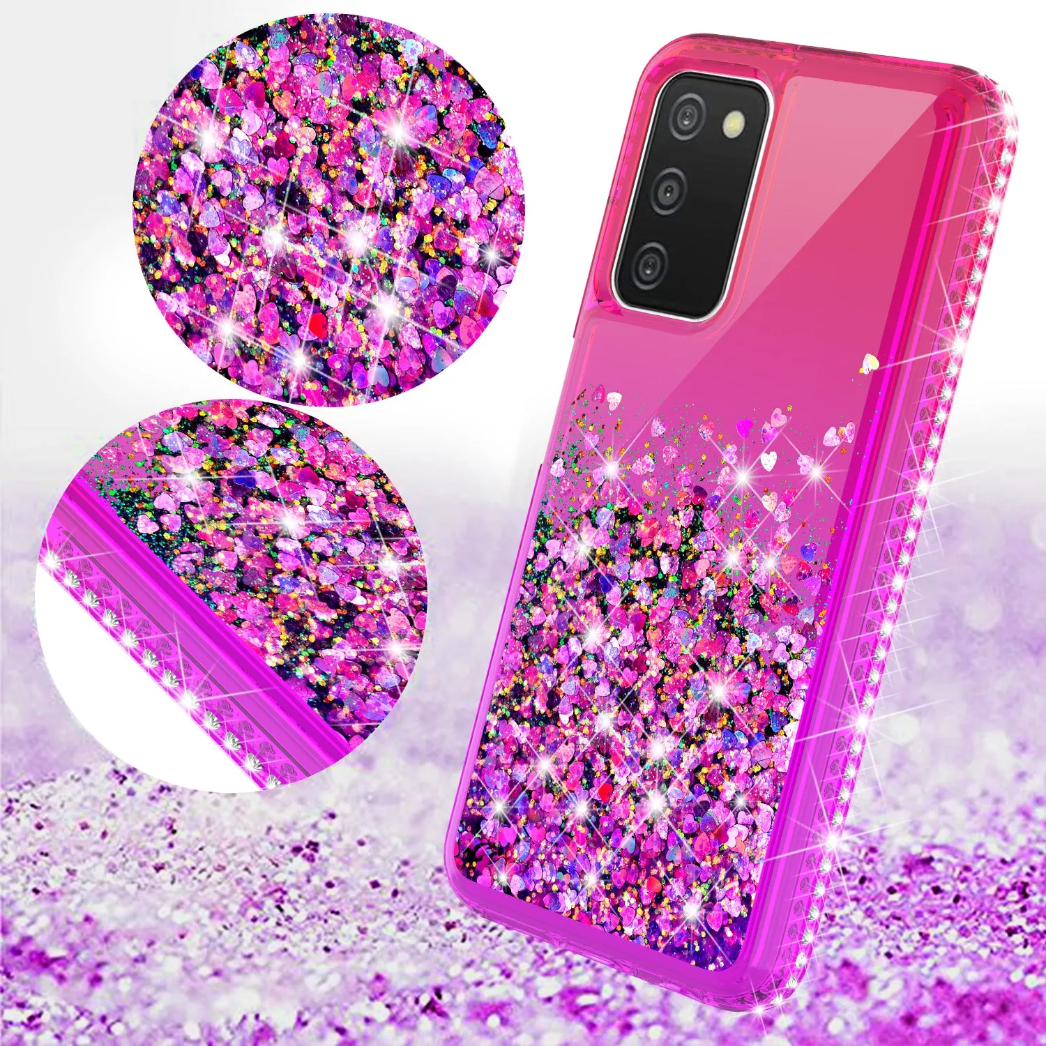 For Samsung Galaxy A03s Case Liquid Glitter Phone Case Waterfall Floating Quicksand Bling Sparkle Cute Protective Girls Women Cover for Samsung Galaxy A03s W/Temper Glass -  (Hot Pink/Purple Gradient)