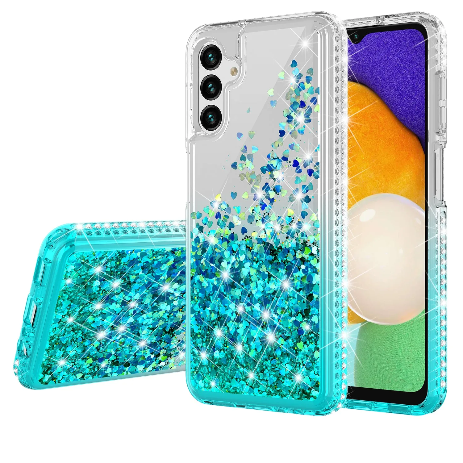 For Samsung Galaxy A13 5G Case Liquid Glitter Phone Case Waterfall Floating Quicksand Bling Sparkle Cute Protective Girls Women Cover for Samsung Galaxy A13 5G W/Temper Glass - Teal