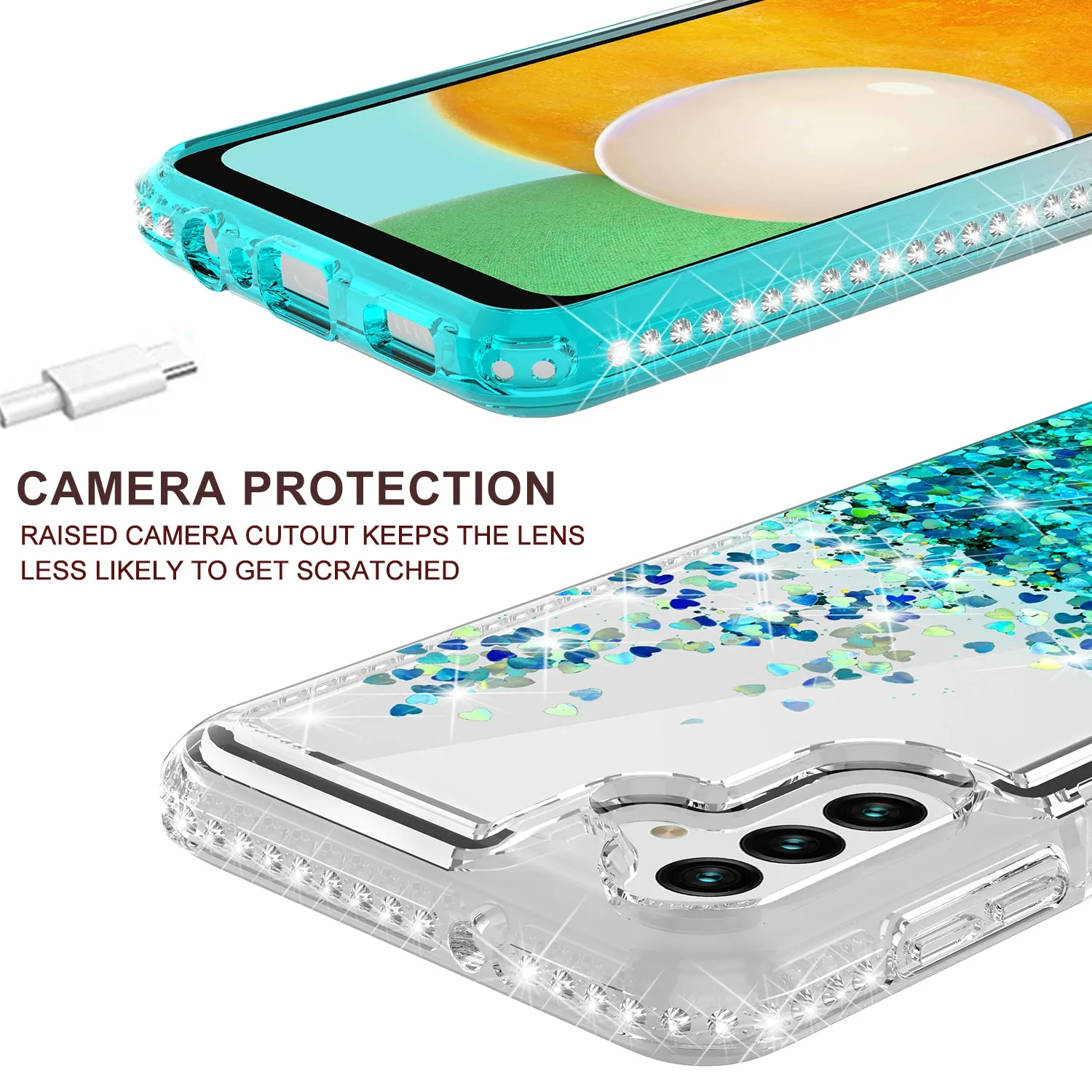 For Samsung Galaxy A13 5G Case Liquid Glitter Phone Case Waterfall Floating Quicksand Bling Sparkle Cute Protective Girls Women Cover for Samsung Galaxy A13 5G W/Temper Glass - Teal