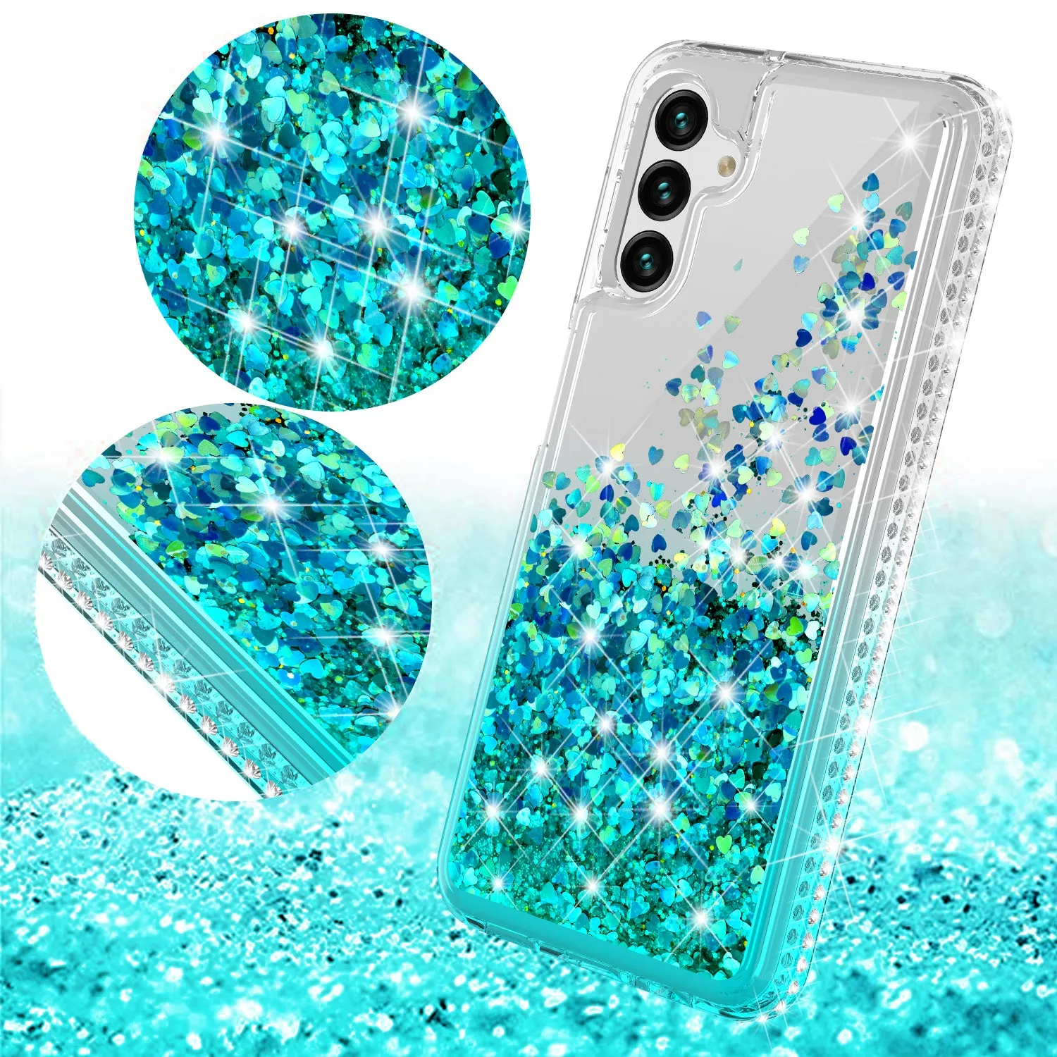 For Samsung Galaxy A13 5G Case Liquid Glitter Phone Case Waterfall Floating Quicksand Bling Sparkle Cute Protective Girls Women Cover for Samsung Galaxy A13 5G W/Temper Glass - Teal