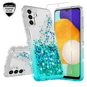 For Samsung Galaxy A13 5G Case Liquid Glitter Phone Case Waterfall Floating Quicksand Bling Sparkle Cute Protective Girls Women Cover for Samsung Galaxy A13 5G W/Temper Glass - Teal
