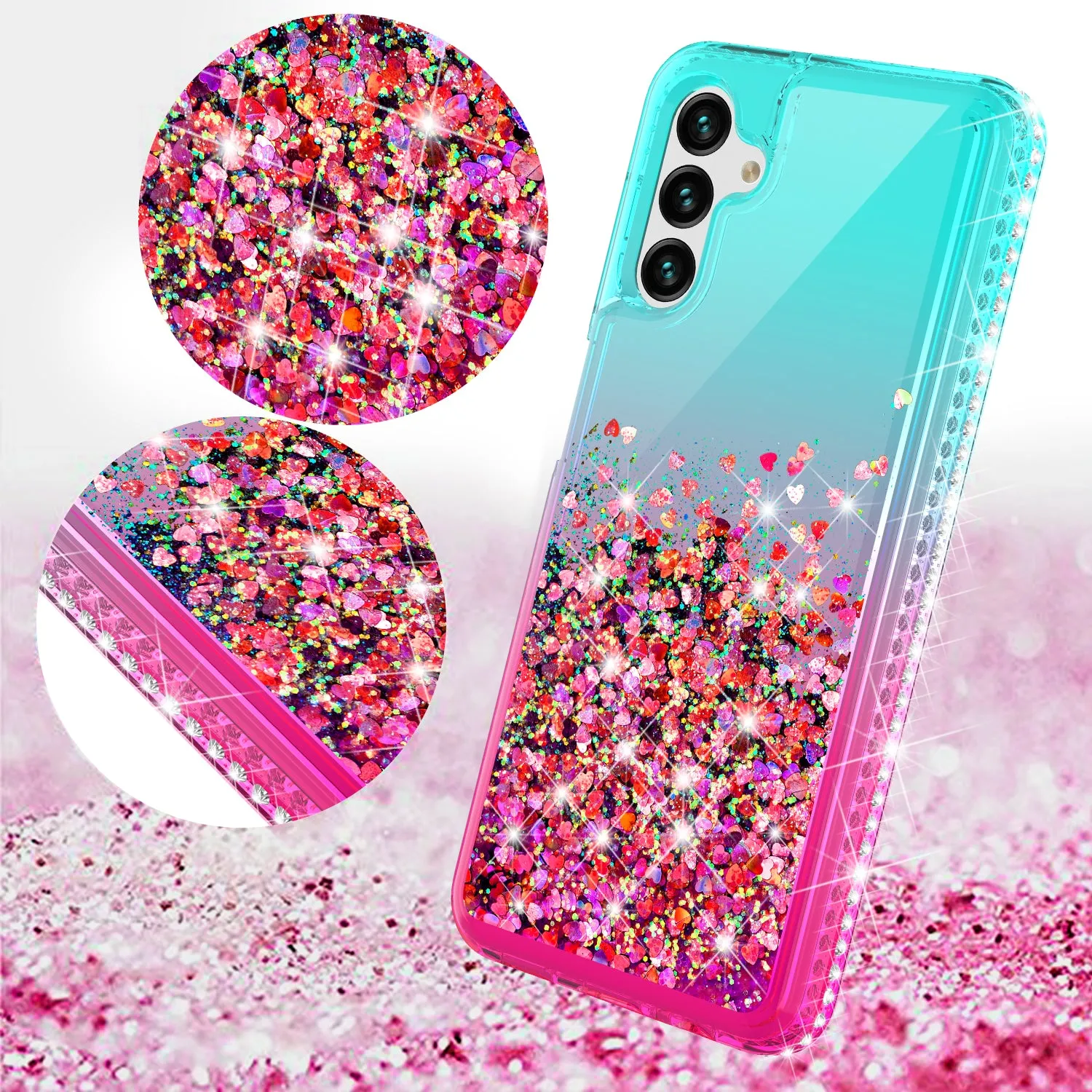 For Samsung Galaxy A13 5G Case Liquid Glitter Phone Case Waterfall Floating Quicksand Bling Sparkle Cute Protective Girls Women Cover for Samsung Galaxy A13 5G W/Temper Glass -  (Teal/Pink Gradient)