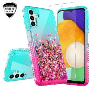 For Samsung Galaxy A13 5G Case Liquid Glitter Phone Case Waterfall Floating Quicksand Bling Sparkle Cute Protective Girls Women Cover for Samsung Galaxy A13 5G W/Temper Glass -  (Teal/Pink Gradient)