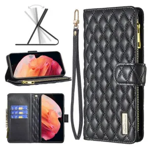 For Samsung Galaxy S23  /S23 Plus Diamond Quilted Leather Zipper Wallet Flip Protective Case Cover – Black