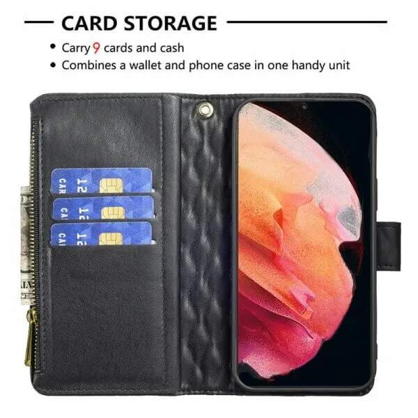 For Samsung Galaxy S23  /S23 Plus Diamond Quilted Leather Zipper Wallet Flip Protective Case Cover – Black