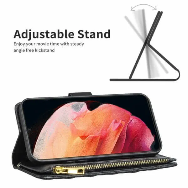 For Samsung Galaxy S23  /S23 Plus Diamond Quilted Leather Zipper Wallet Flip Protective Case Cover – Black