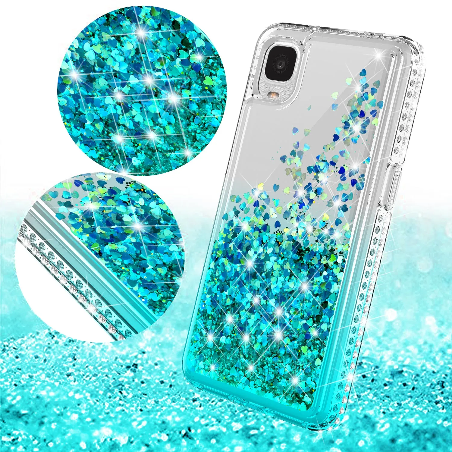 For TCL A3 Case Liquid Glitter Phone Case Waterfall Floating Quicksand Bling Sparkle Cute Protective Girls Women Cover for TCL A3 W/Temper Glass - Teal