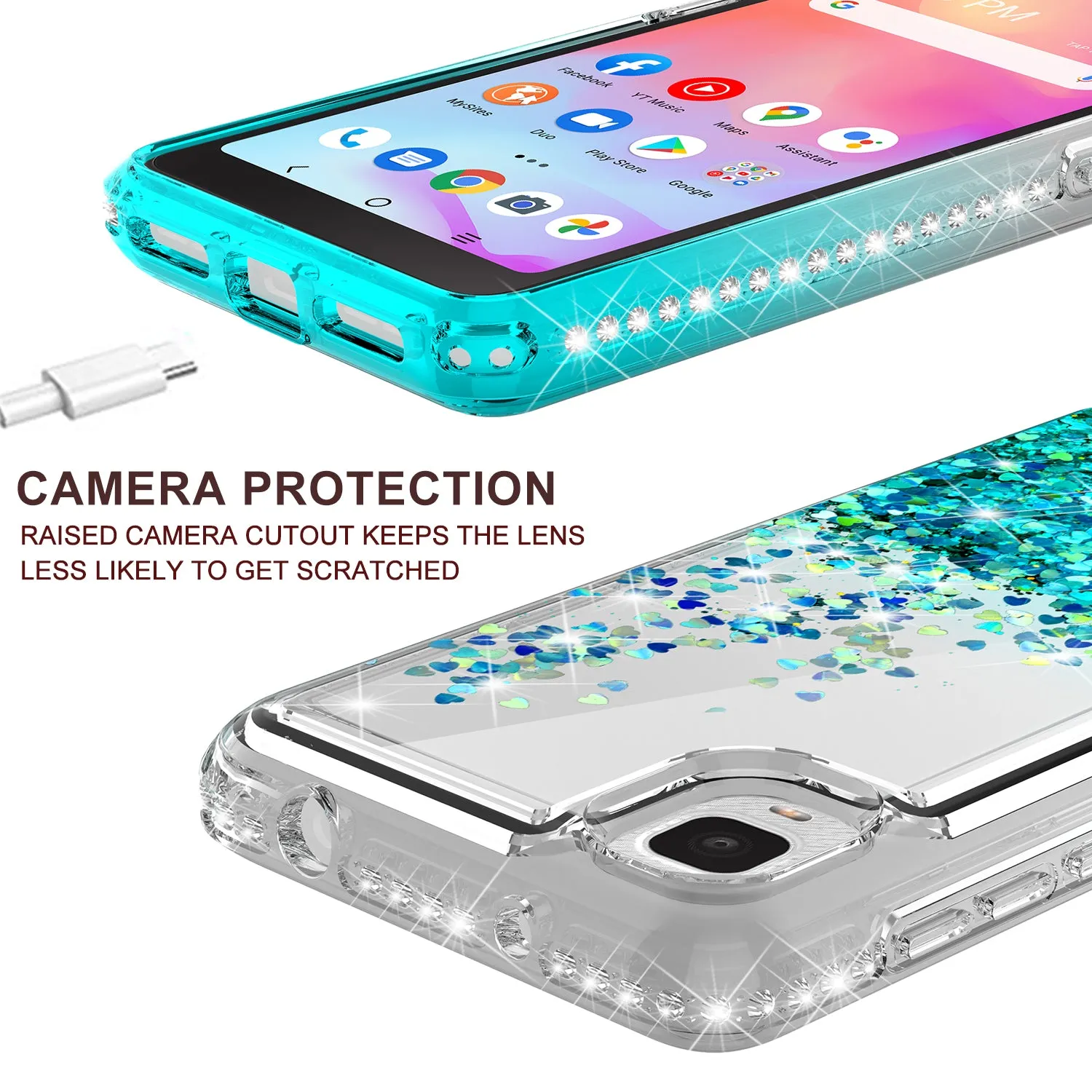 For TCL A3 Case Liquid Glitter Phone Case Waterfall Floating Quicksand Bling Sparkle Cute Protective Girls Women Cover for TCL A3 W/Temper Glass - Teal