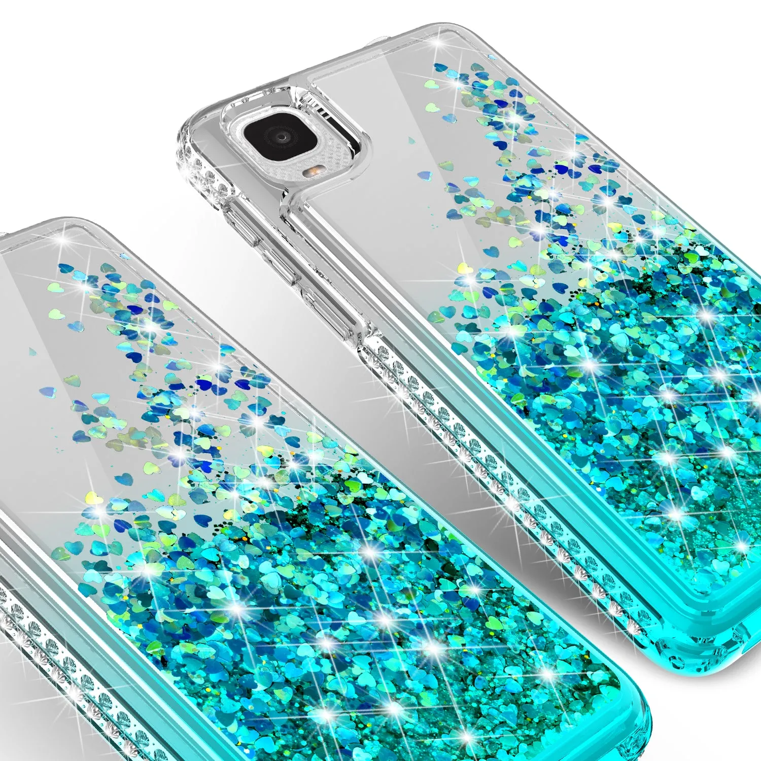 For TCL A3 Case Liquid Glitter Phone Case Waterfall Floating Quicksand Bling Sparkle Cute Protective Girls Women Cover for TCL A3 W/Temper Glass - Teal