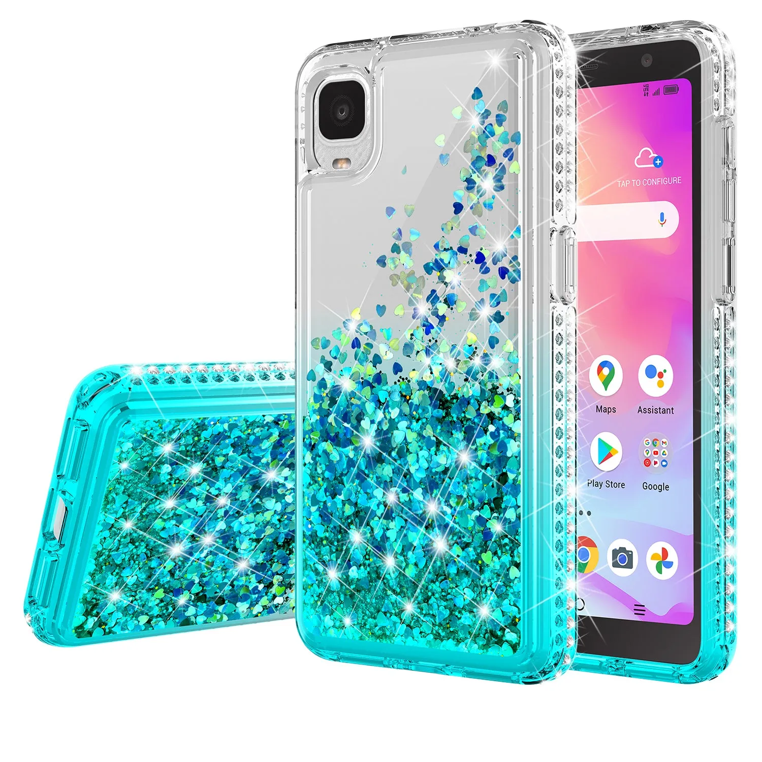 For TCL A3 Case Liquid Glitter Phone Case Waterfall Floating Quicksand Bling Sparkle Cute Protective Girls Women Cover for TCL A3 W/Temper Glass - Teal