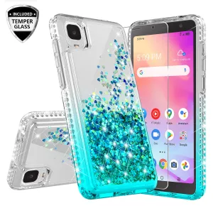 For TCL A3 Case Liquid Glitter Phone Case Waterfall Floating Quicksand Bling Sparkle Cute Protective Girls Women Cover for TCL A3 W/Temper Glass - Teal