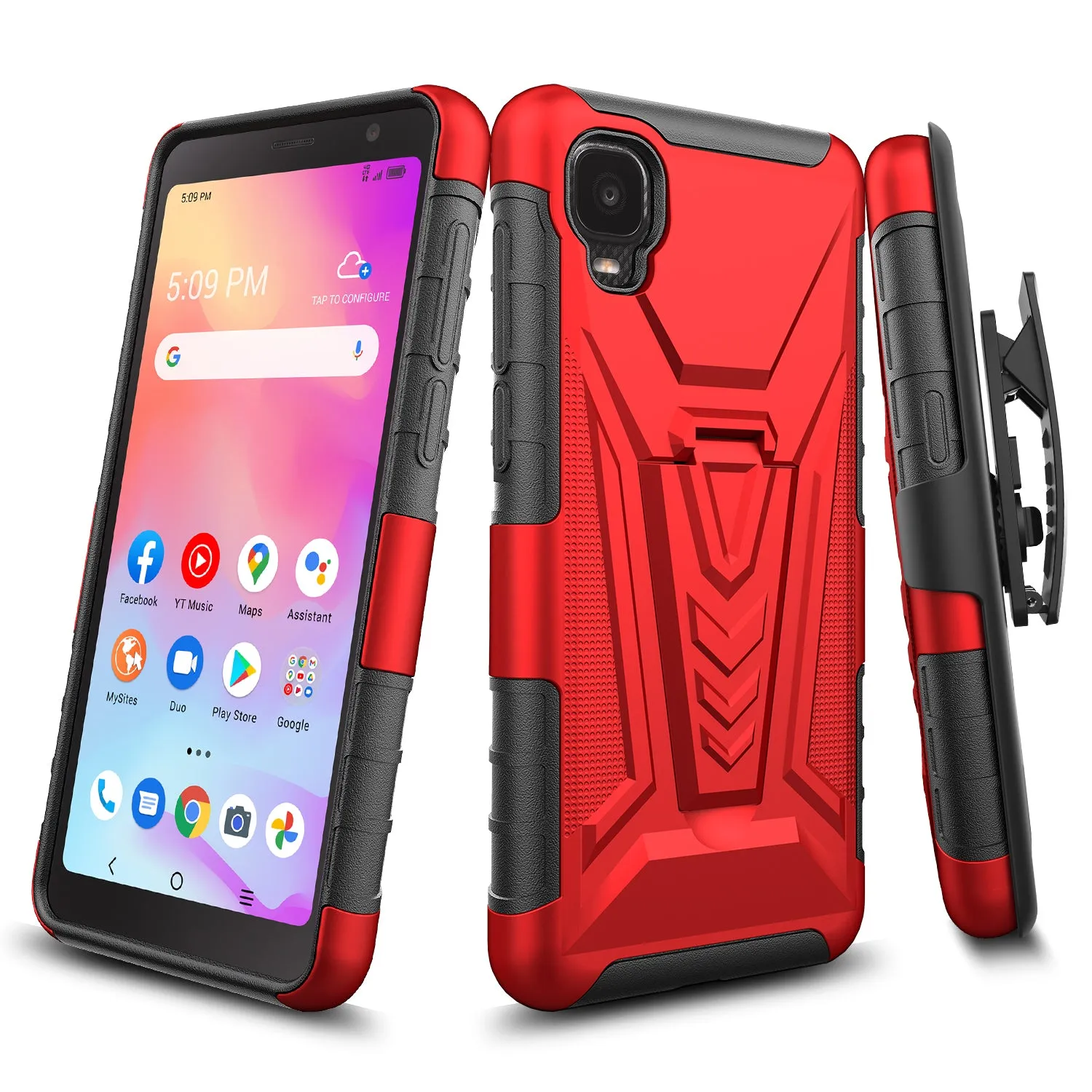 For TCL A3 Case with Tempered Glass Screen Protector Heavy Duty Protective Phone Case,Built-in Kickstand Rugged Shockproof Protective Phone Case - Red