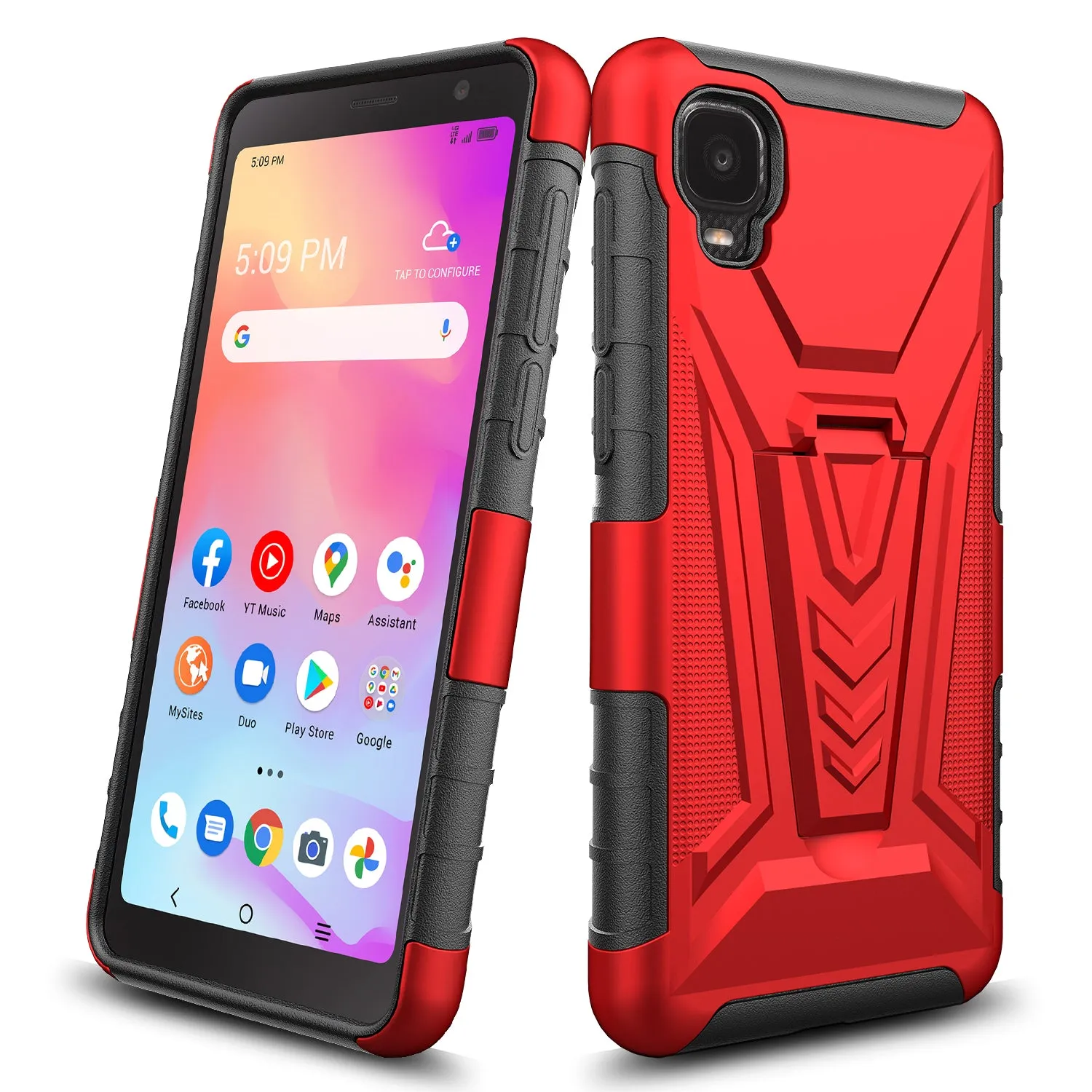 For TCL A3 Case with Tempered Glass Screen Protector Heavy Duty Protective Phone Case,Built-in Kickstand Rugged Shockproof Protective Phone Case - Red