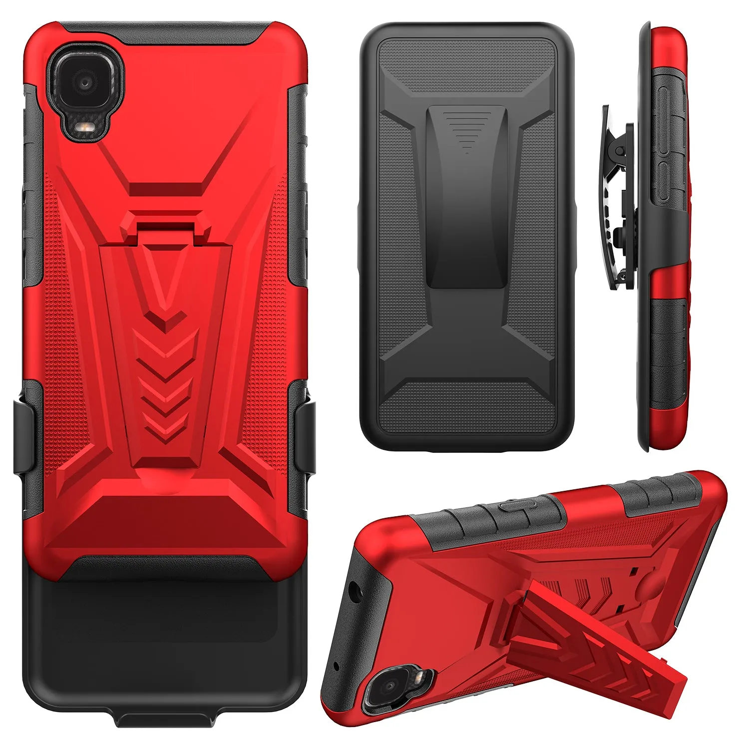 For TCL A3 Case with Tempered Glass Screen Protector Heavy Duty Protective Phone Case,Built-in Kickstand Rugged Shockproof Protective Phone Case - Red