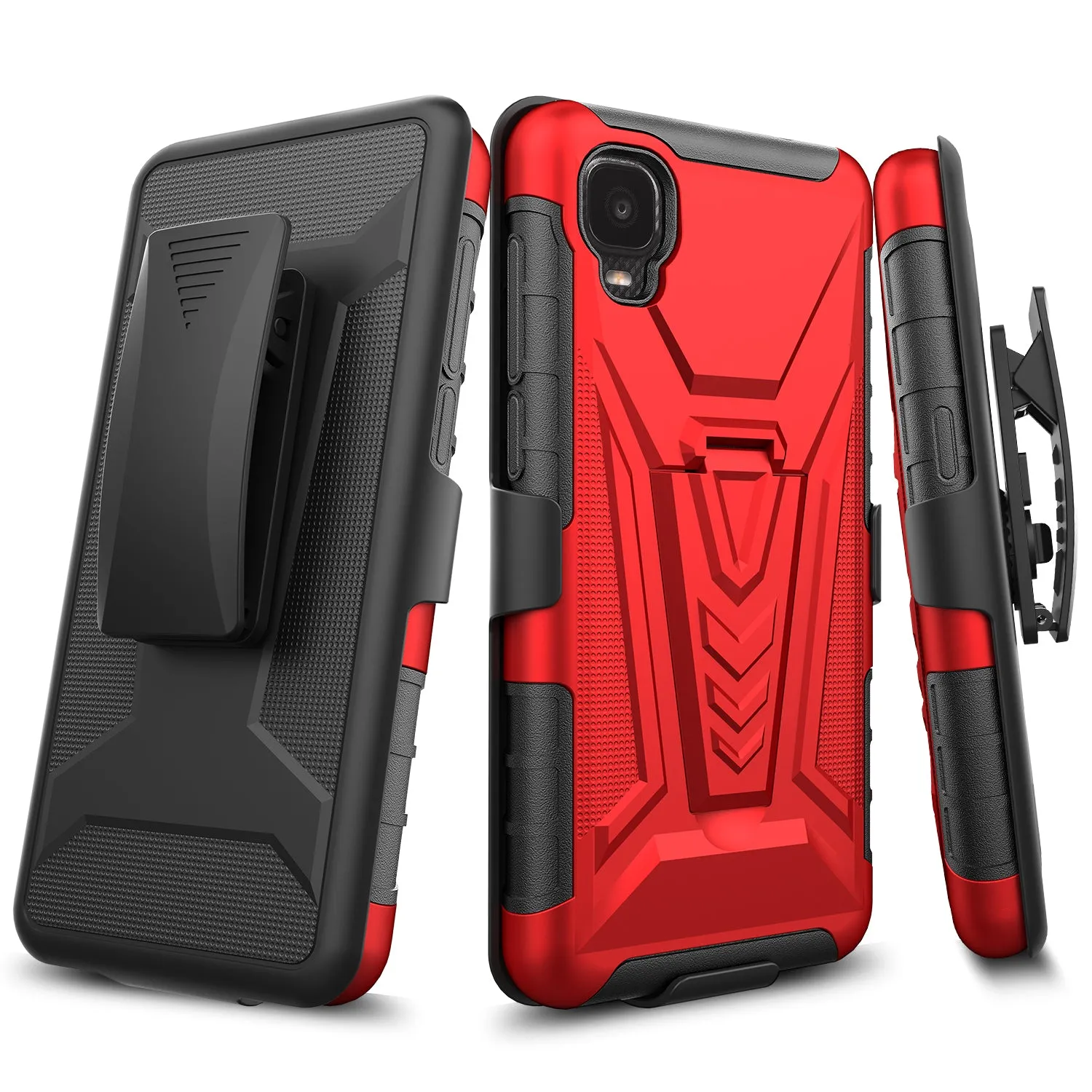 For TCL A3 Case with Tempered Glass Screen Protector Heavy Duty Protective Phone Case,Built-in Kickstand Rugged Shockproof Protective Phone Case - Red