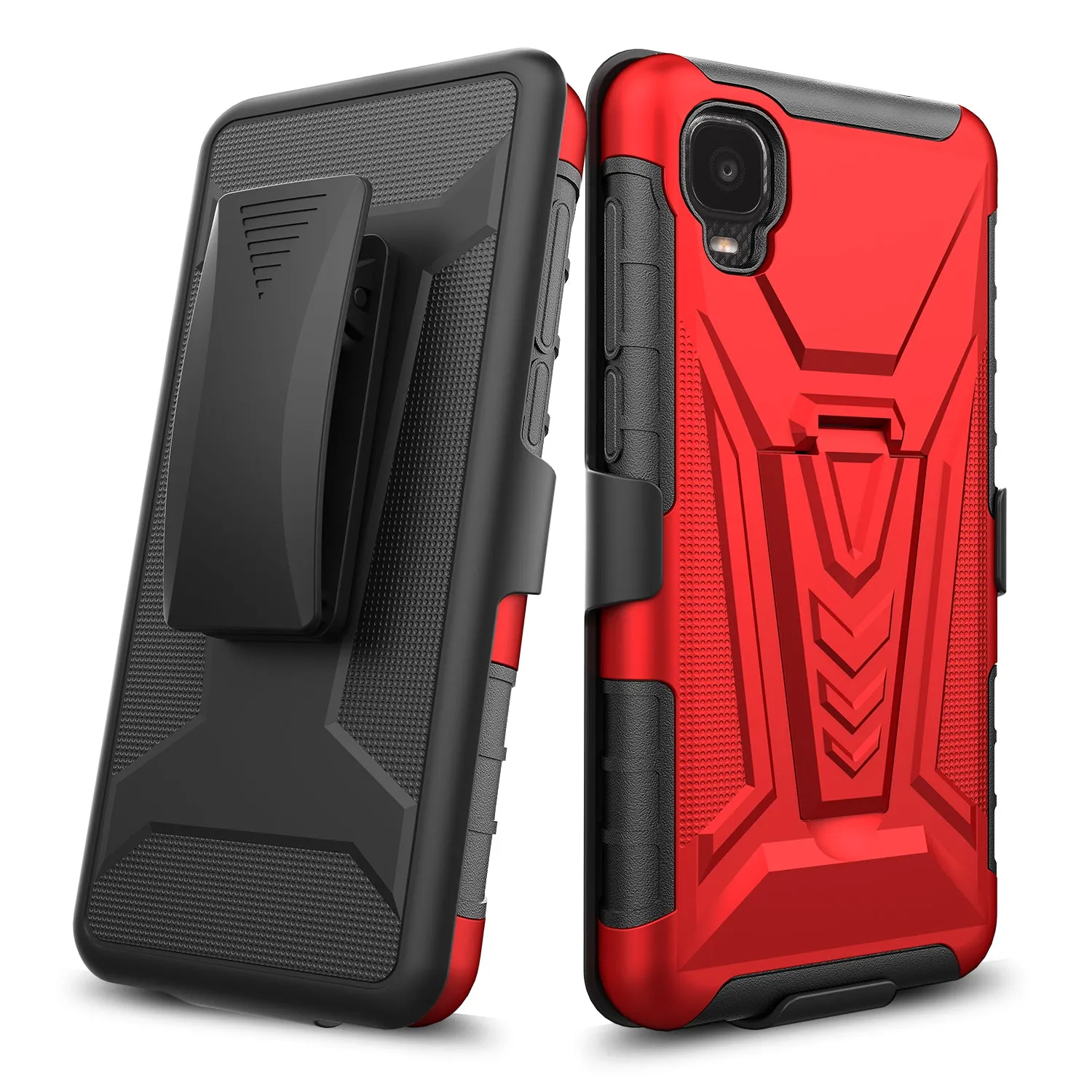 For TCL A3 Case with Tempered Glass Screen Protector Heavy Duty Protective Phone Case,Built-in Kickstand Rugged Shockproof Protective Phone Case - Red