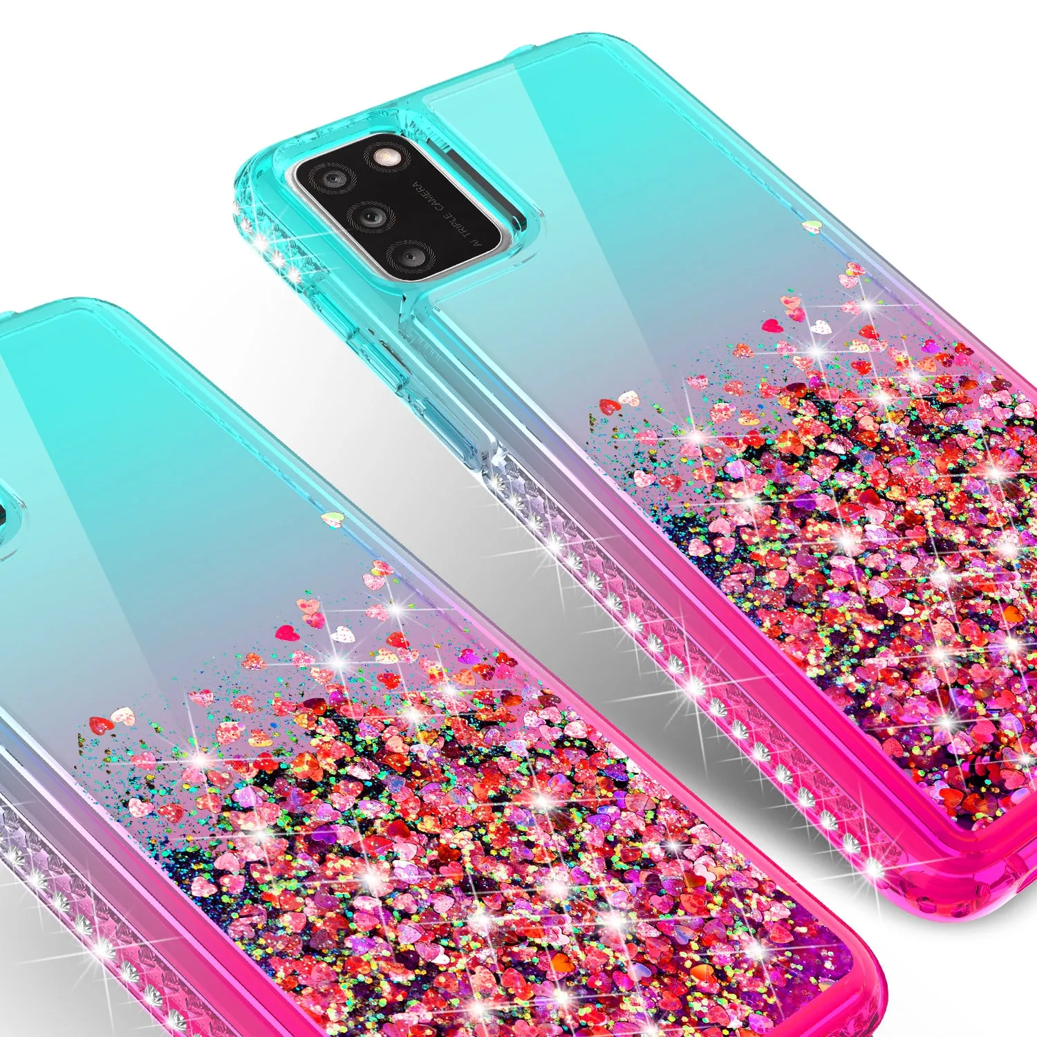 For TCL A3X Case Liquid Glitter Phone Case Waterfall Floating Quicksand Bling Sparkle Cute Protective Girls Women Cover for TCL A3X W/Temper Glass -  (Teal/Pink Gradient)