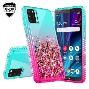For TCL A3X Case Liquid Glitter Phone Case Waterfall Floating Quicksand Bling Sparkle Cute Protective Girls Women Cover for TCL A3X W/Temper Glass -  (Teal/Pink Gradient)