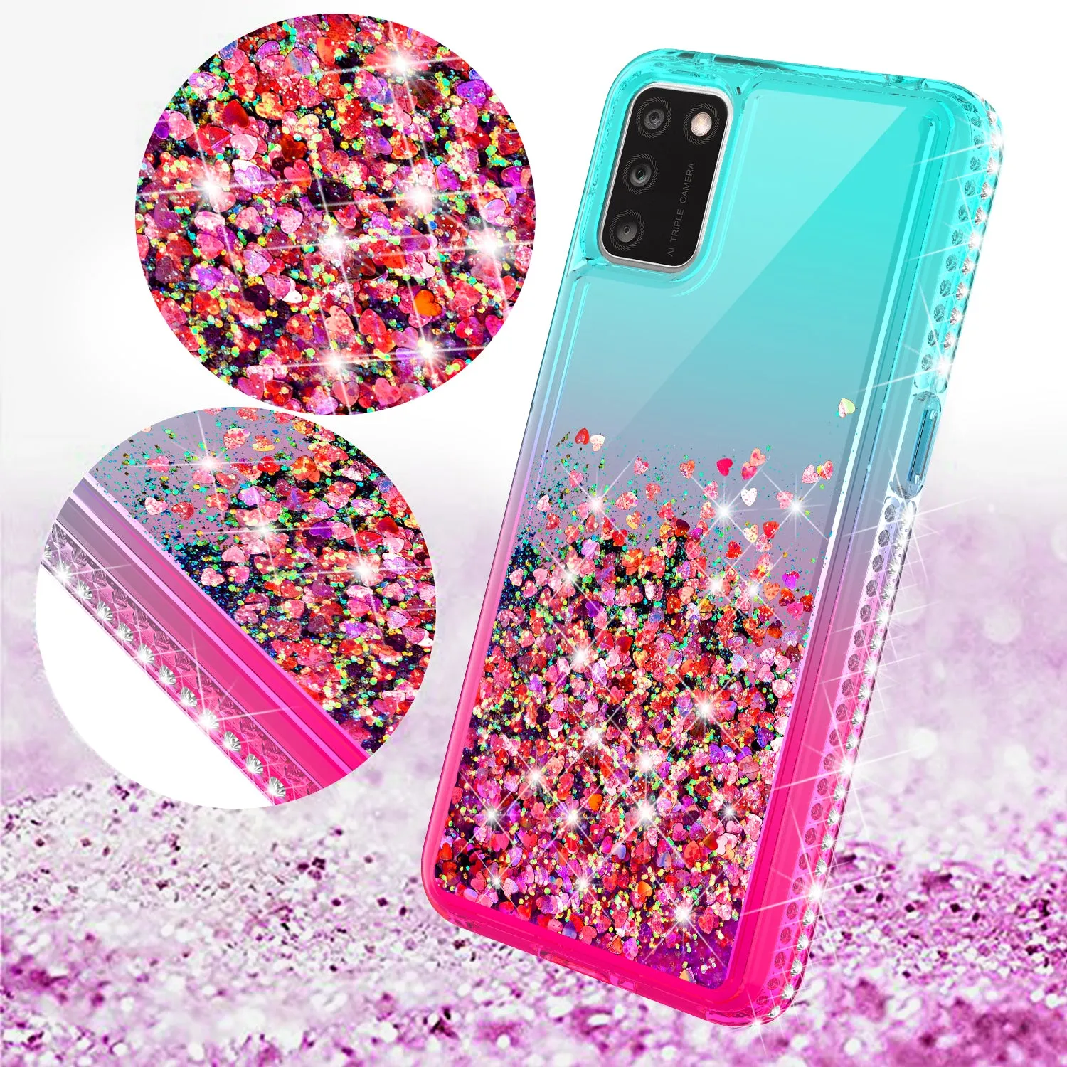 For TCL A3X Case Liquid Glitter Phone Case Waterfall Floating Quicksand Bling Sparkle Cute Protective Girls Women Cover for TCL A3X W/Temper Glass -  (Teal/Pink Gradient)