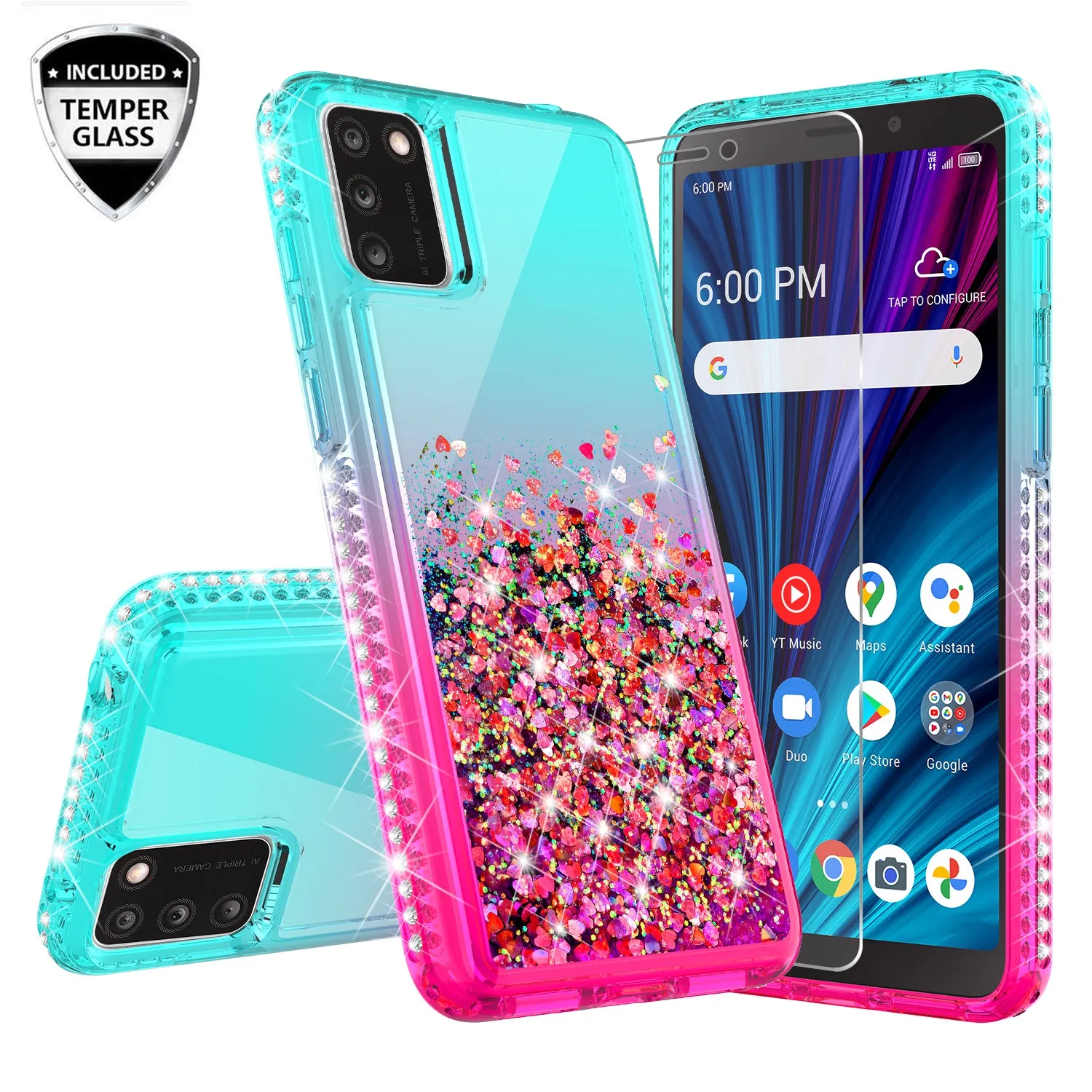 For TCL A3X Case Liquid Glitter Phone Case Waterfall Floating Quicksand Bling Sparkle Cute Protective Girls Women Cover for TCL A3X W/Temper Glass -  (Teal/Pink Gradient)