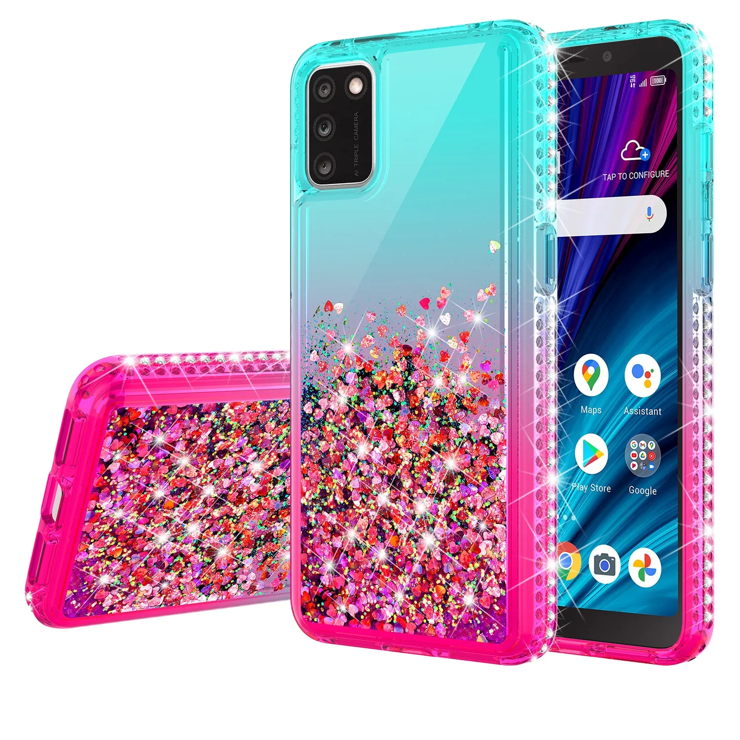 For TCL A3X Case Liquid Glitter Phone Case Waterfall Floating Quicksand Bling Sparkle Cute Protective Girls Women Cover for TCL A3X W/Temper Glass -  (Teal/Pink Gradient)