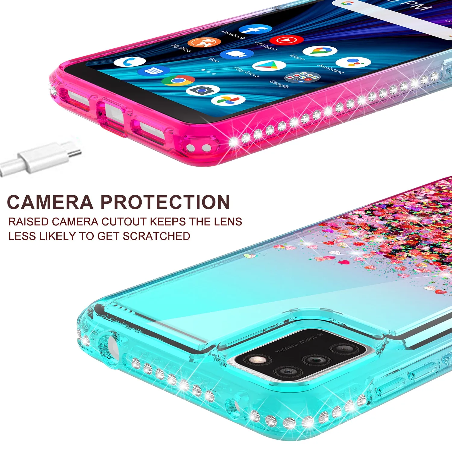 For TCL A3X Case Liquid Glitter Phone Case Waterfall Floating Quicksand Bling Sparkle Cute Protective Girls Women Cover for TCL A3X W/Temper Glass -  (Teal/Pink Gradient)