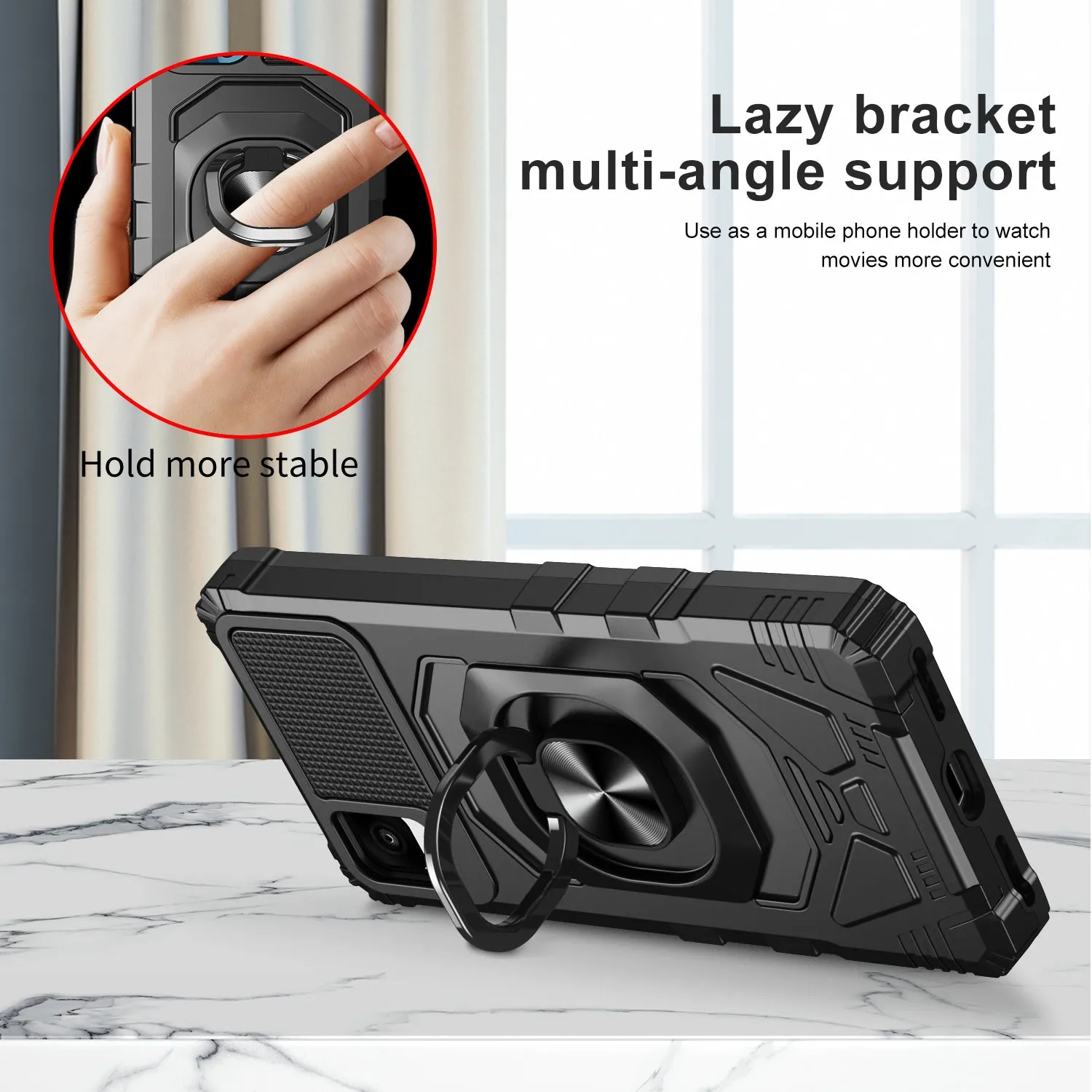 For TCL Ion Z/A3/A30 Case [Military Grade] Ring Car Mount Kickstand w/[Tempered Glass] Hybrid Hard PC Soft TPU Shockproof Protective Case - Black